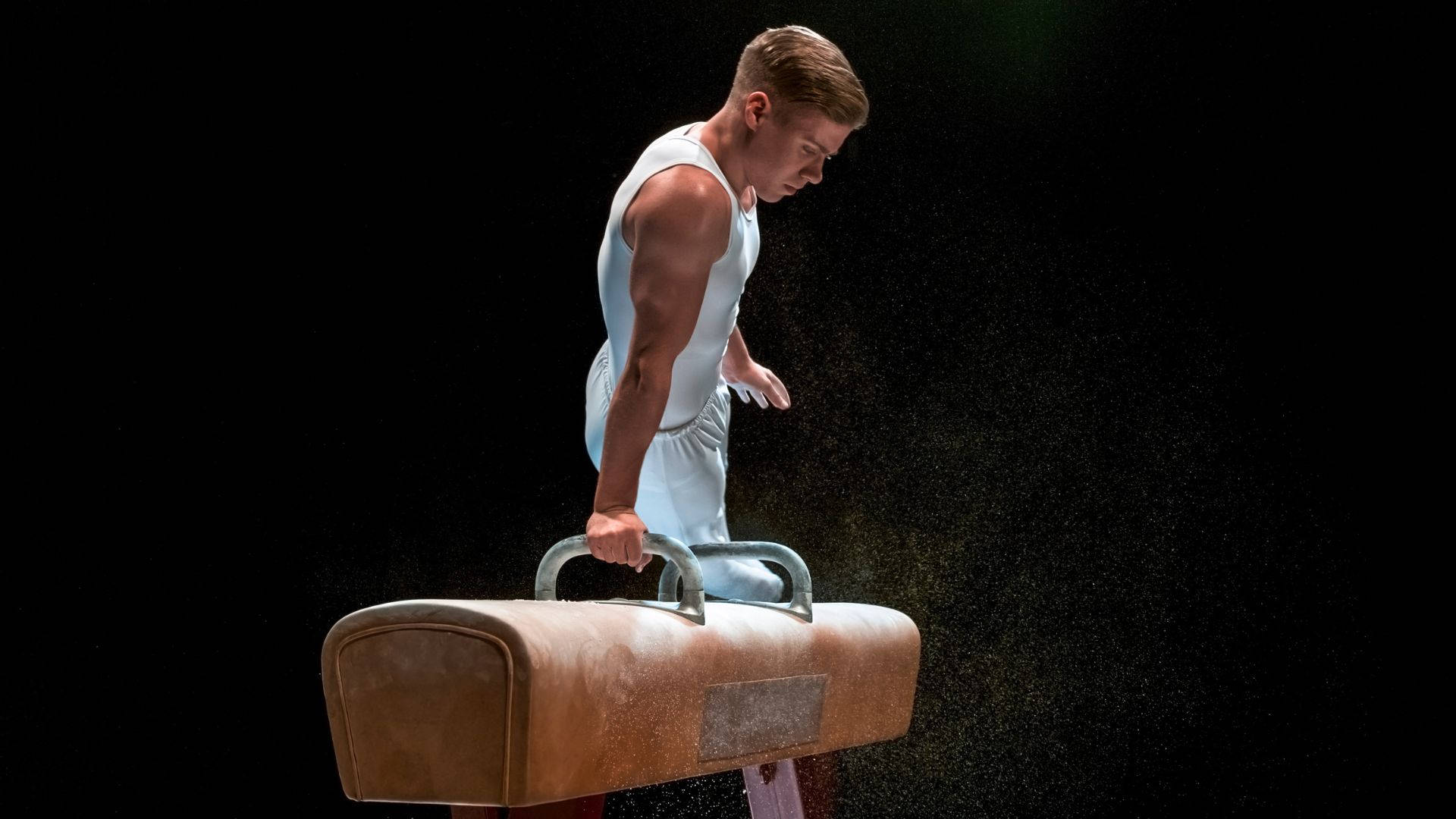 pommel horse, white leotard, male gymnast, Full HD Desktop Wallpaper