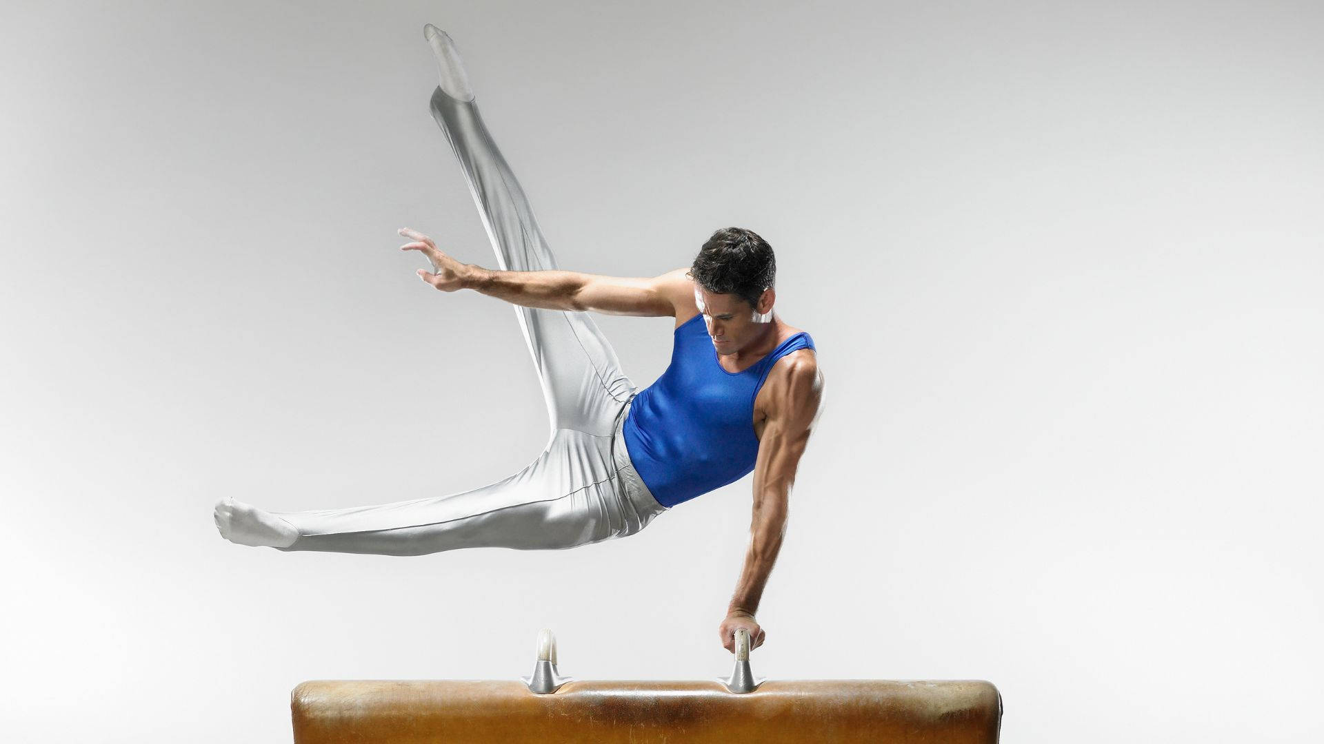 pommel horse, cross leg scissors maneuver, blue top, Full HD Desktop Wallpaper