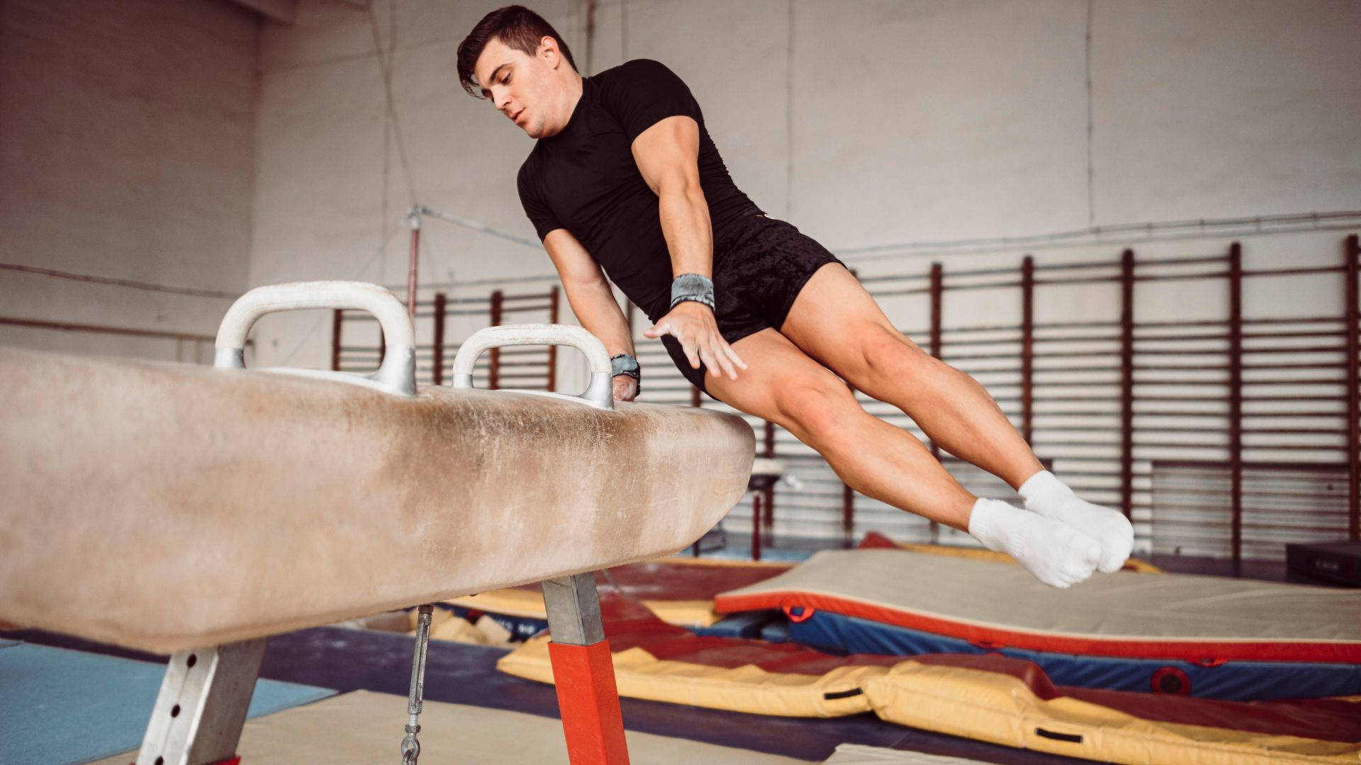 pommel horse, male gymnast, indoor gym, Full HD Desktop Wallpaper