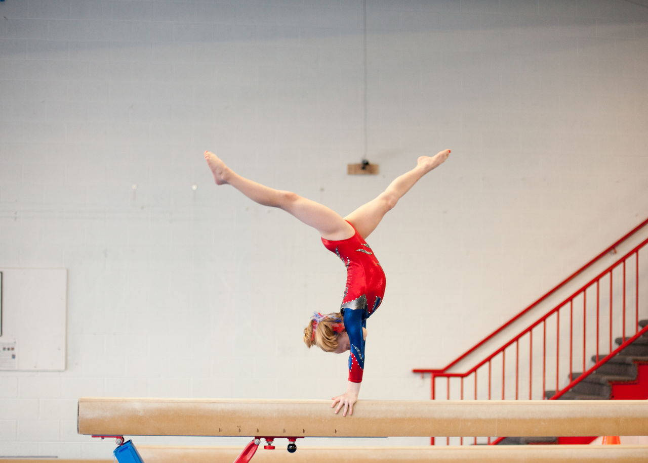 young gymnast, red leotard, handstand split, HD Desktop Wallpaper