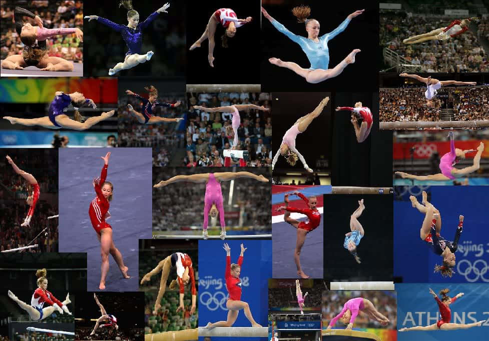 gymnasts, colorful leotards, balance beams, SD Desktop Wallpaper