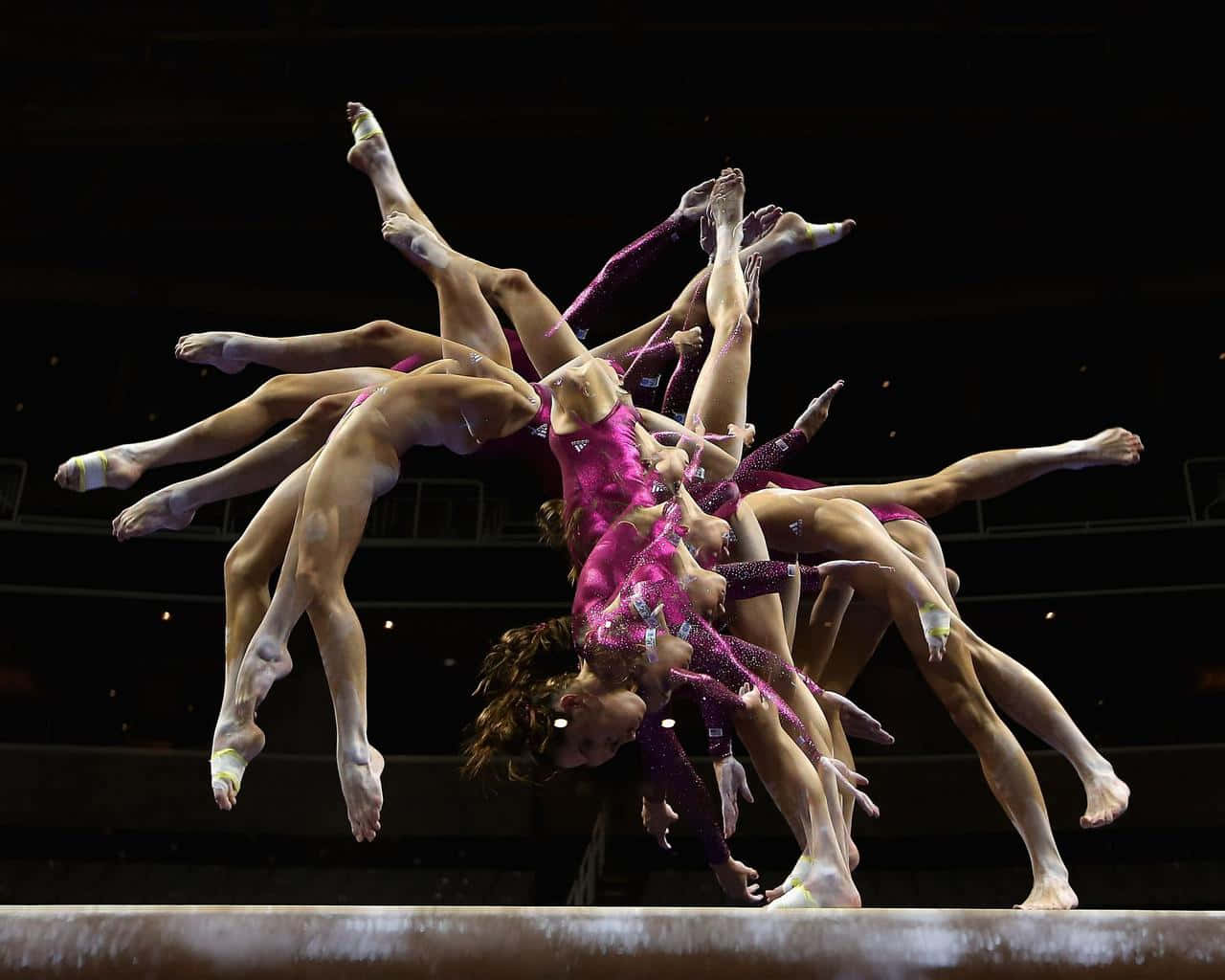 sparkling pink leotards, balance beam, arena lights, HD Desktop Wallpaper