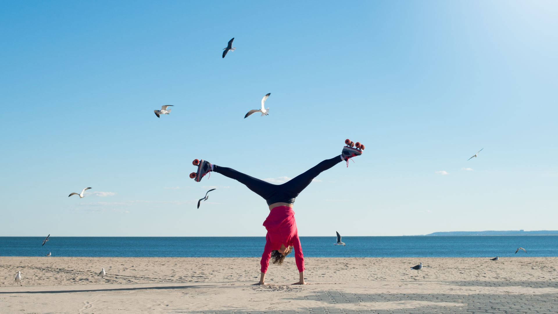 aerobatics exercise tumbling seashore, bright pink hoodie, sandy beach, Full HD Desktop Wallpaper