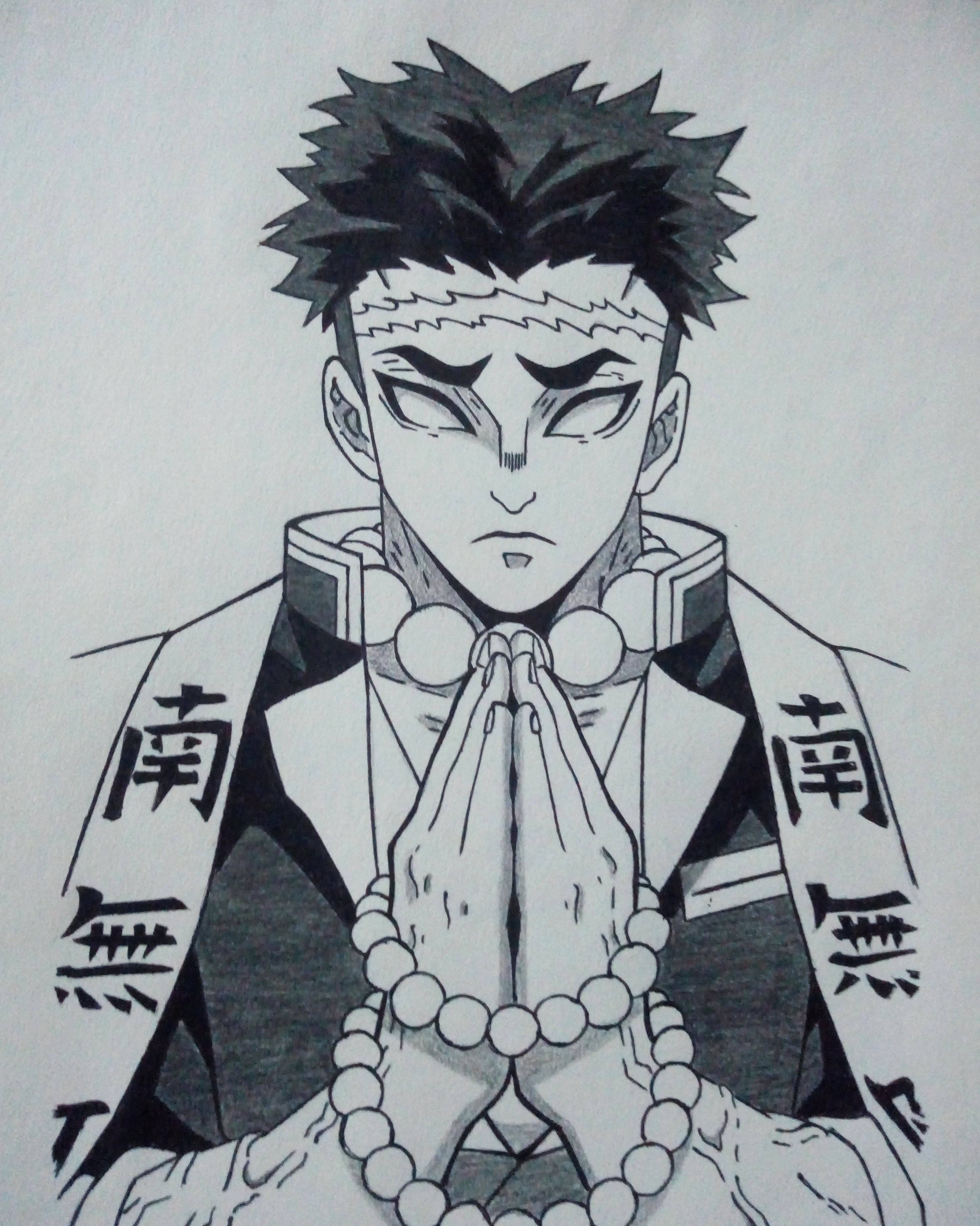 Gyomei Himejima, black and white sketch, traditional robes, 2K Phone Wallpaper