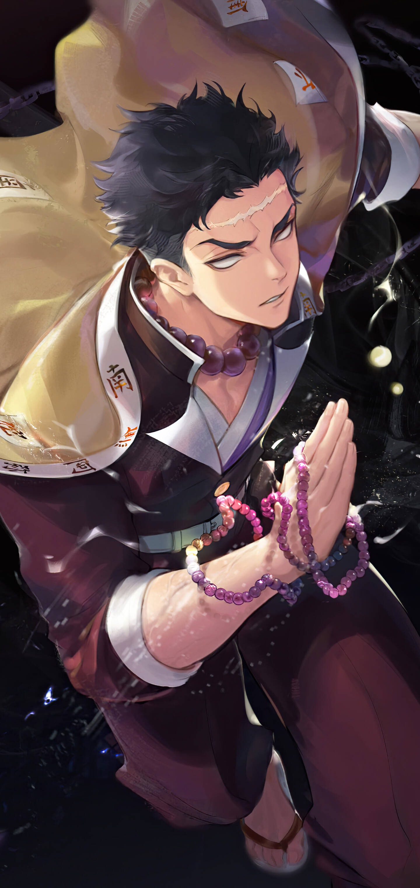 Gyomei Himejima, prayer beads, glowing energy, 2K Phone Wallpaper