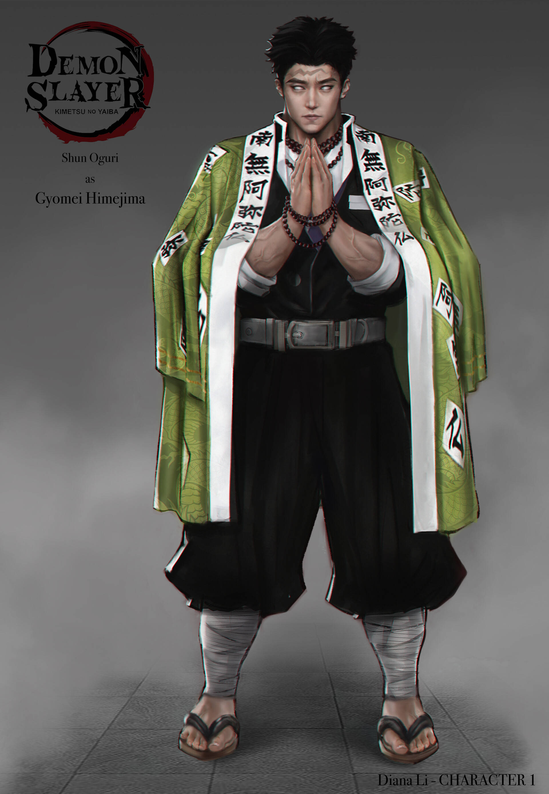 Gyomei Himejima, green and black uniform, praying, 2K Phone Wallpaper