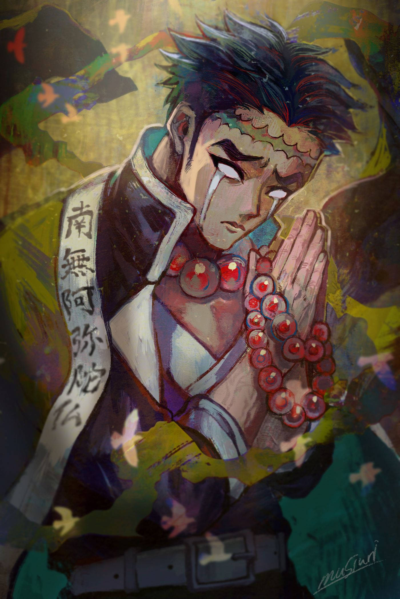 Gyomei Himejima, spiky hair, prayer beads, Full HD Phone Wallpaper
