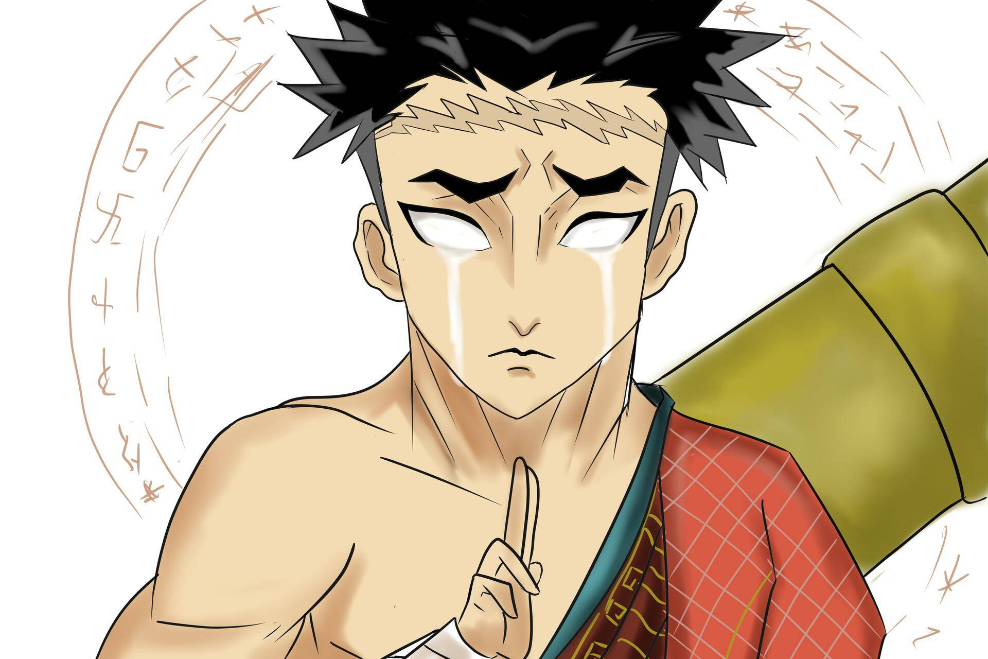 Gyomei Himejima, spiky black hair, glowing white eyes, Full HD Desktop Wallpaper