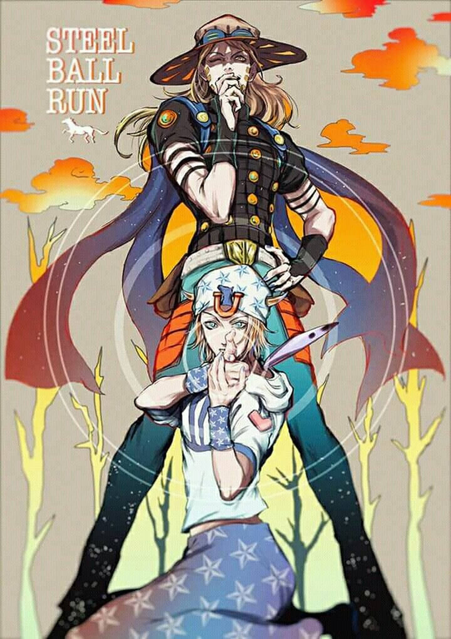 Gyro Zeppeli, iconic duo, vibrant orange clouds, Full HD Phone Wallpaper