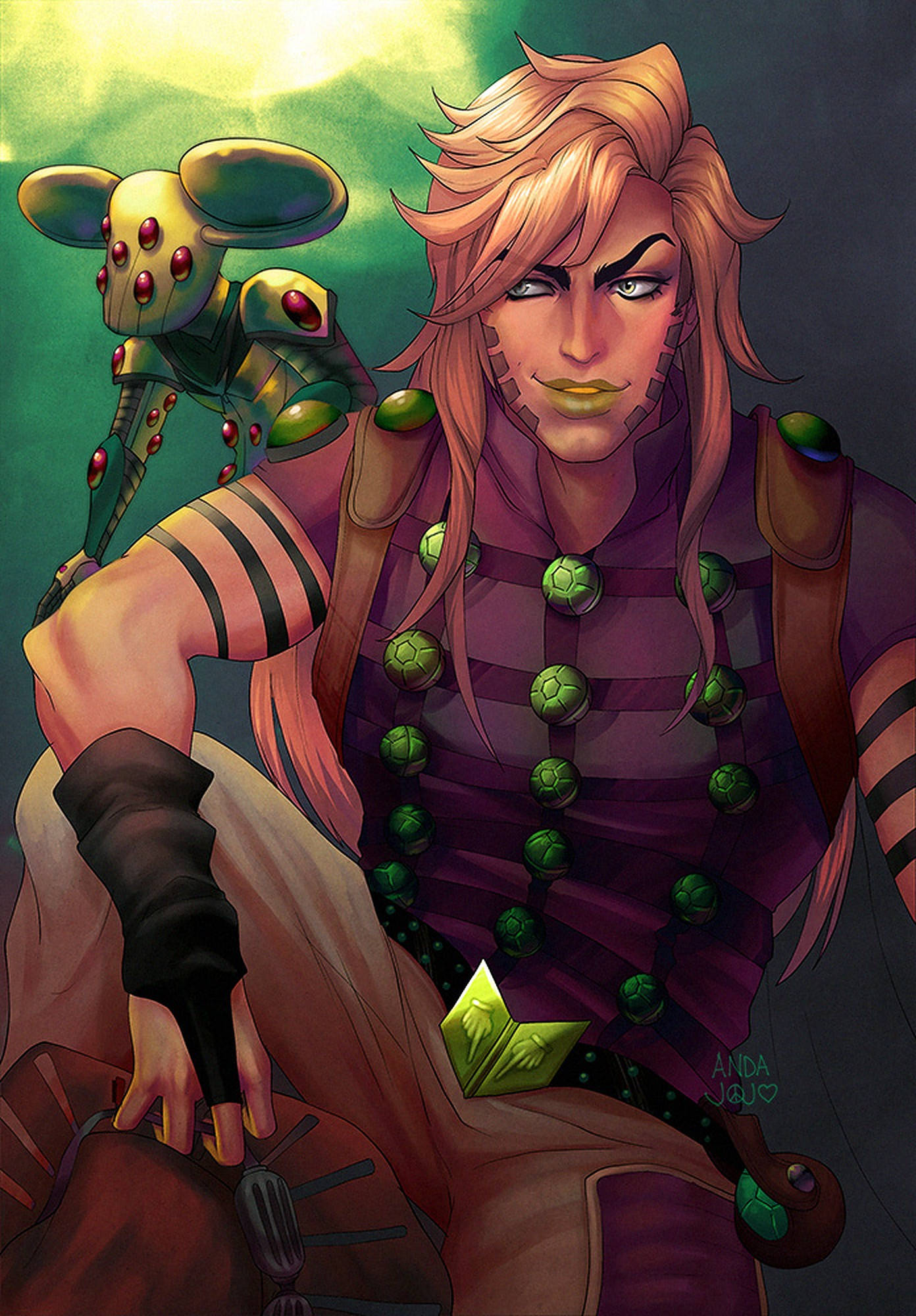 Gyro Zeppeli, green robotic companion, glowing green backdrop, Full HD Phone Wallpaper