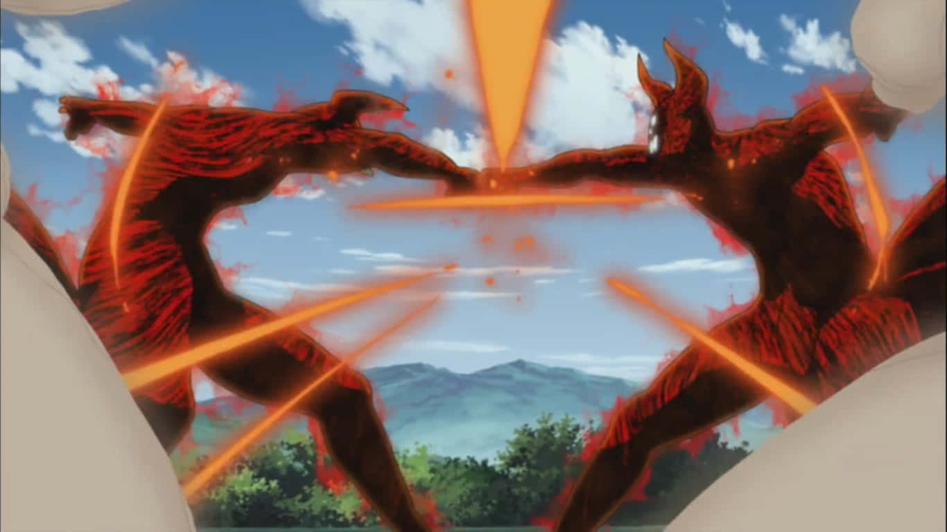 Gyuki, fiery red demonic figures, glowing orange energy beams, HD Desktop Wallpaper