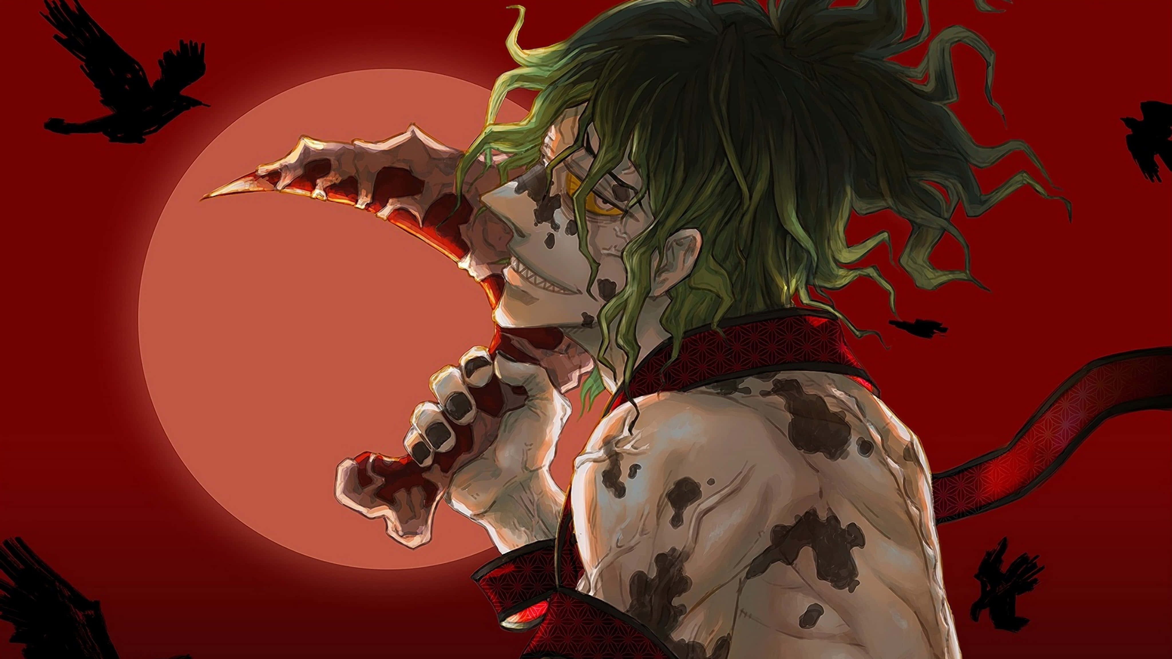 Gyutaro, green-haired anime character, bloody blade, 4K Desktop Wallpaper