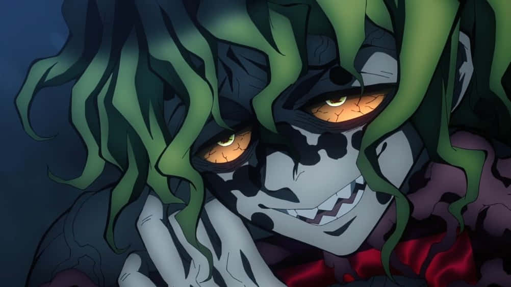 Gyutaro, glowing orange eyes, green hair, SD Desktop Wallpaper
