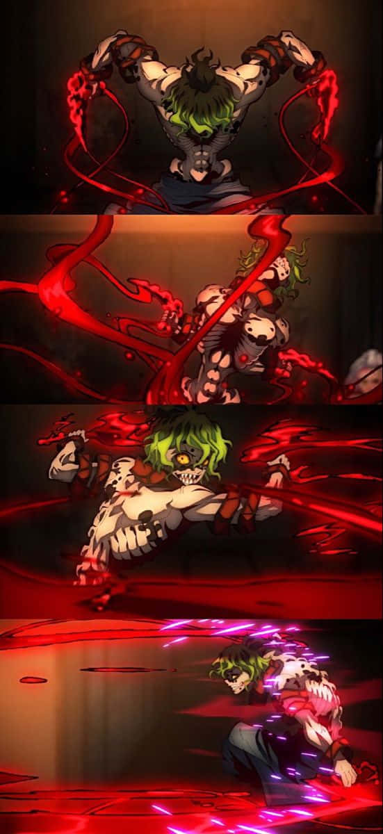 Gyutaro, green-haired anime warrior, glowing red energy tendrils, SD Phone Wallpaper