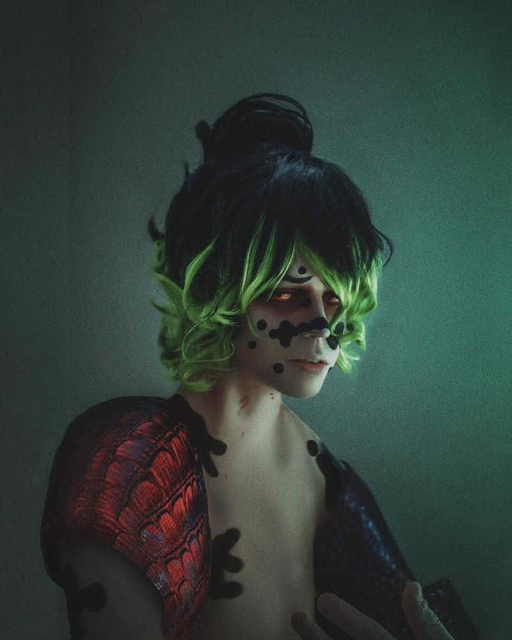 Gyutaro, glowing green hair, black face paint, SD Phone Wallpaper