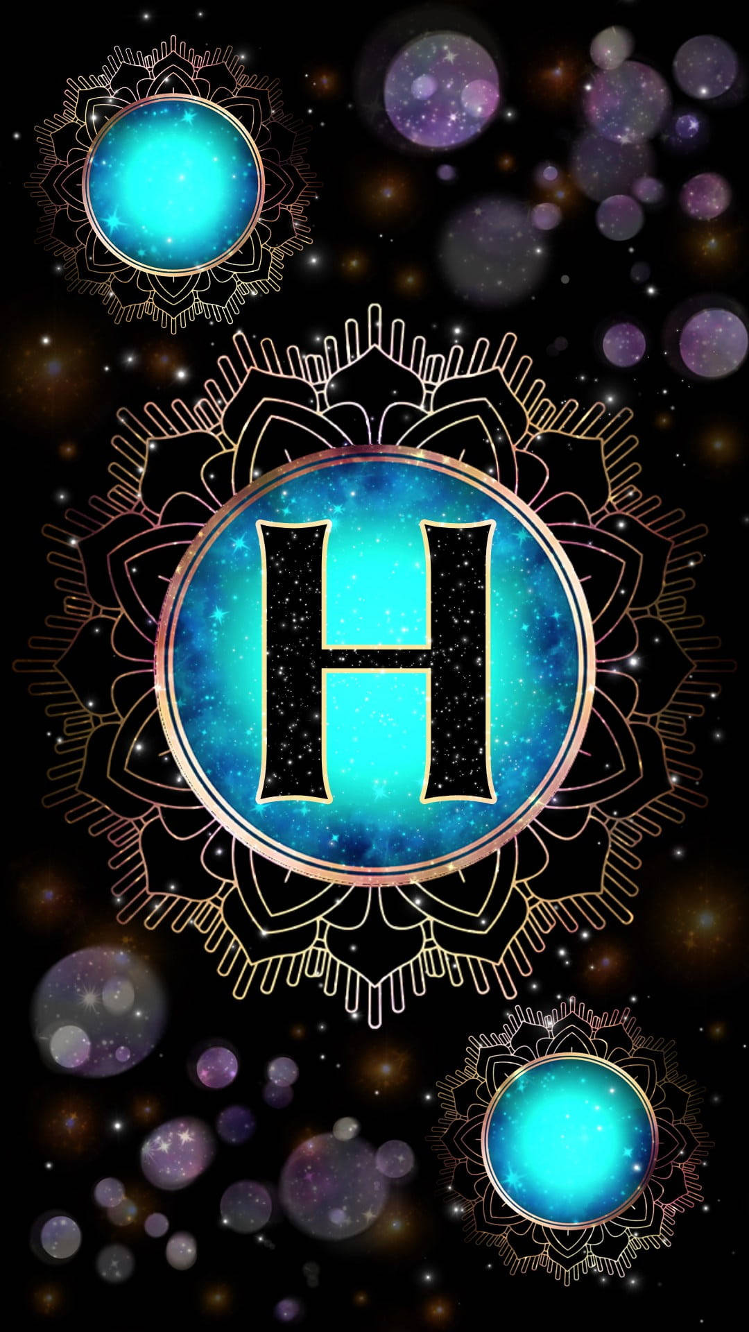 Mystical Mandala Letter H, glowing blue 'H', starry orbs, Full HD Phone Wallpaper
