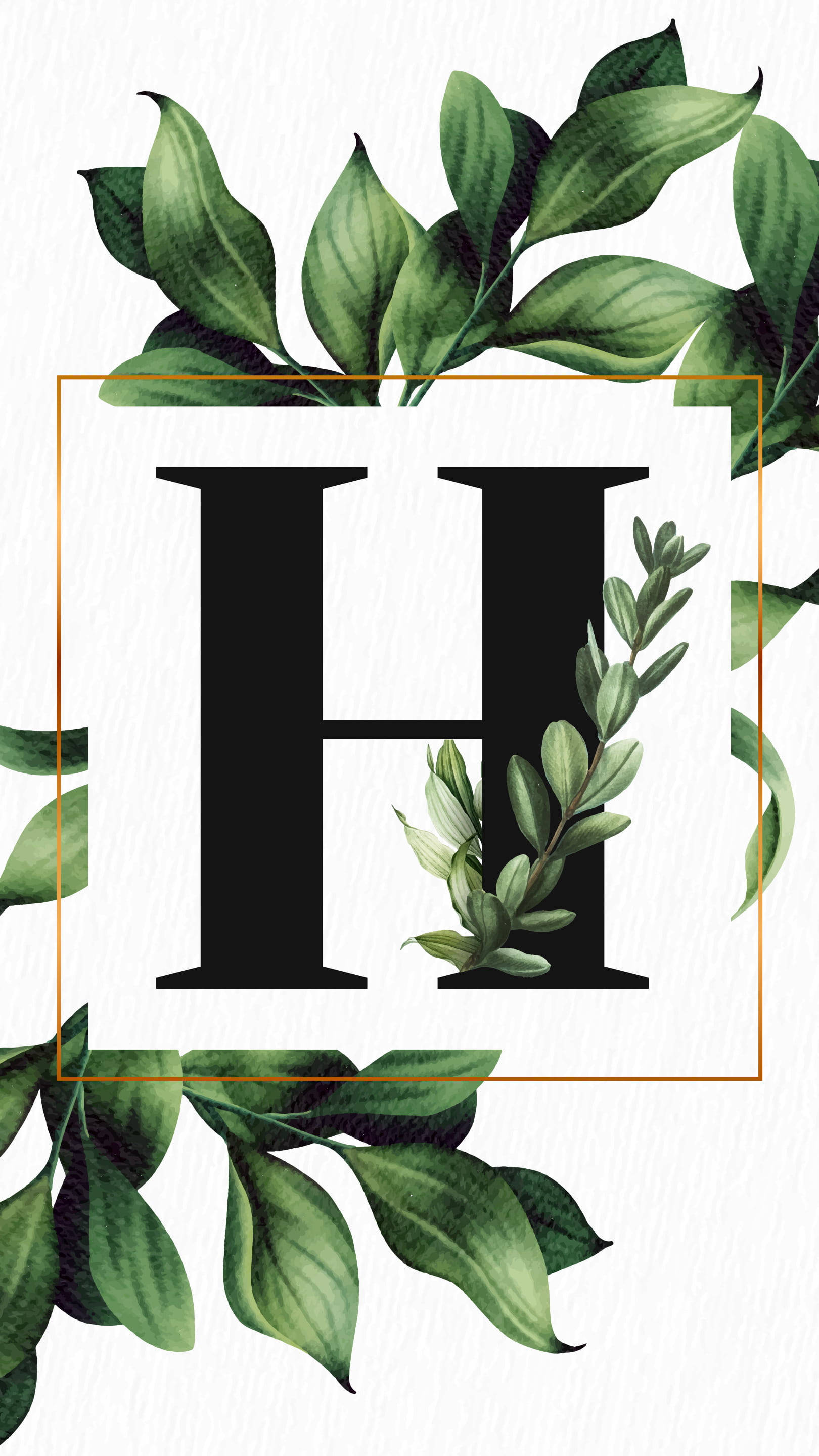 Botanical Letter H, black letter H, lush green foliage, 2K Phone Wallpaper