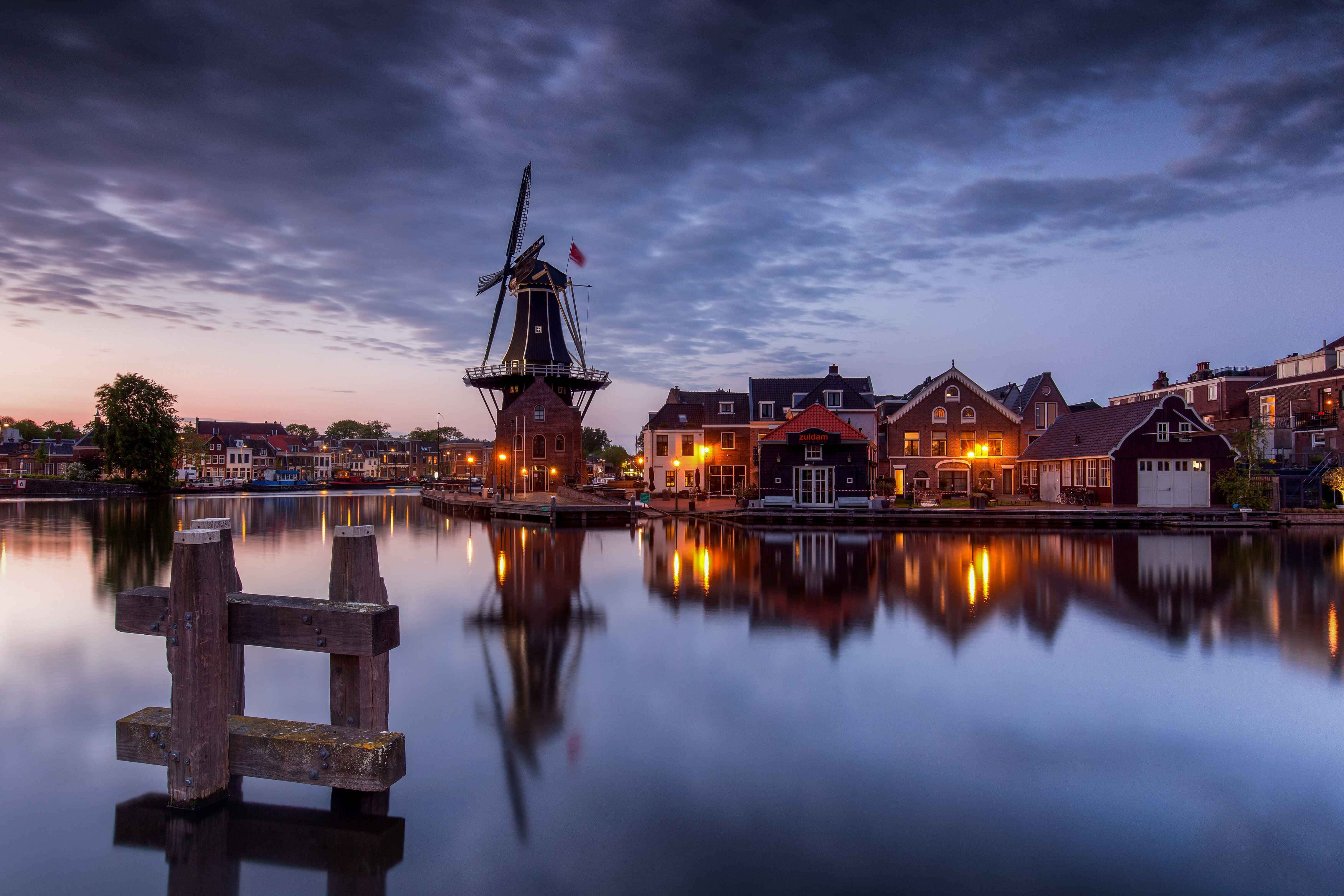 Haarlem, windmill, twilight, 4K Desktop Wallpaper