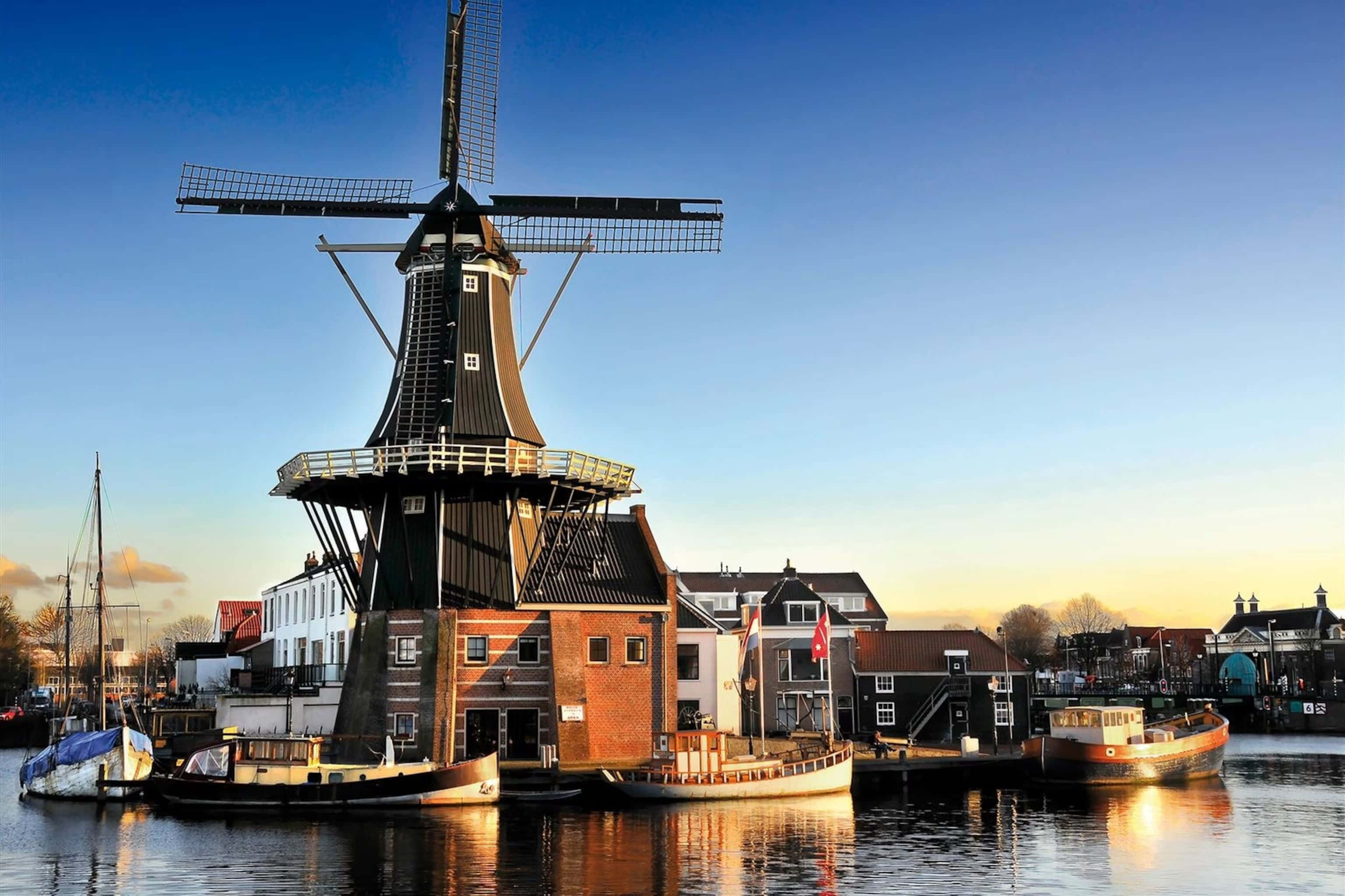Haarlem, windmill, sunset, 2K Desktop Wallpaper