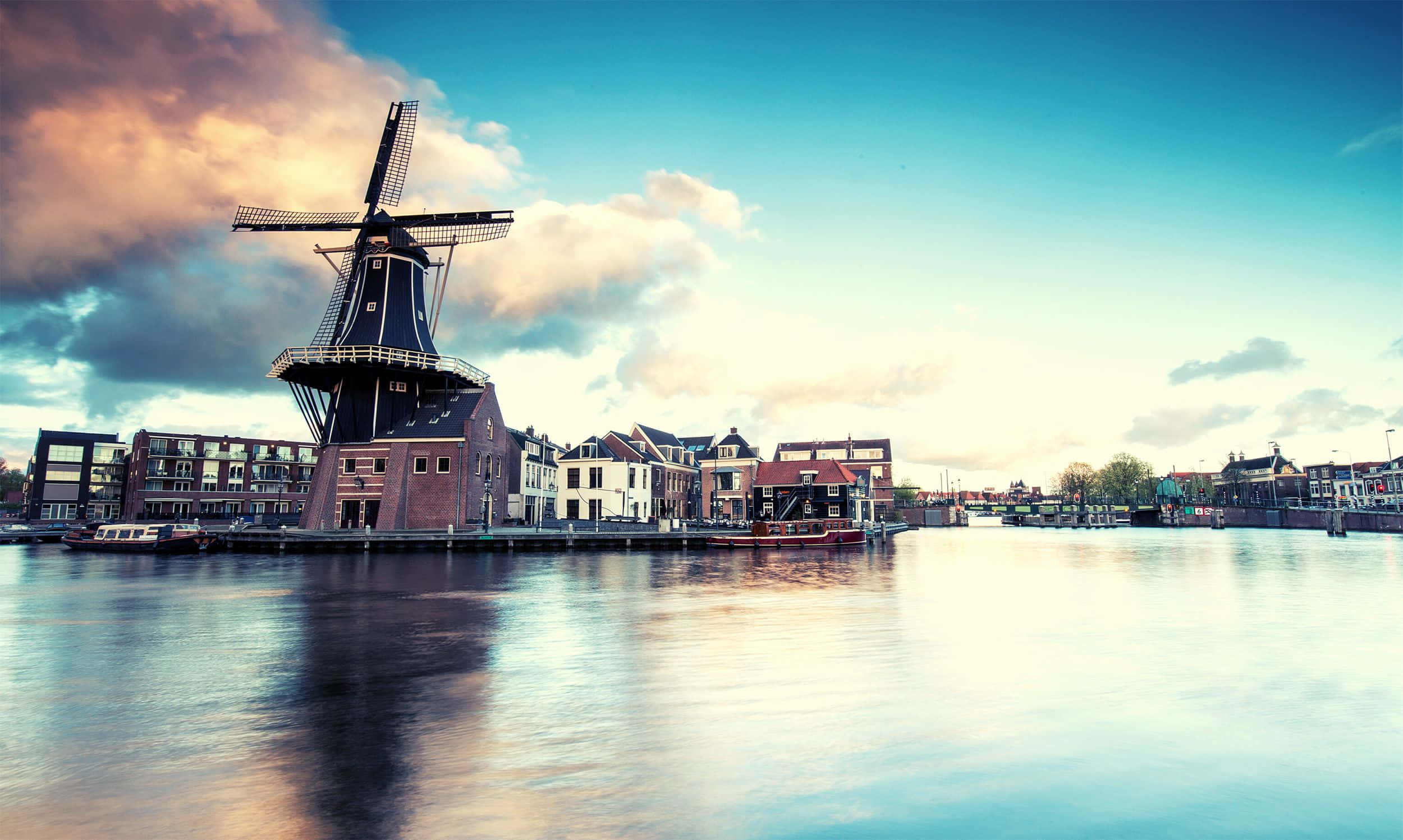 Haarlem, windmill, sunset, Full HD Desktop Wallpaper