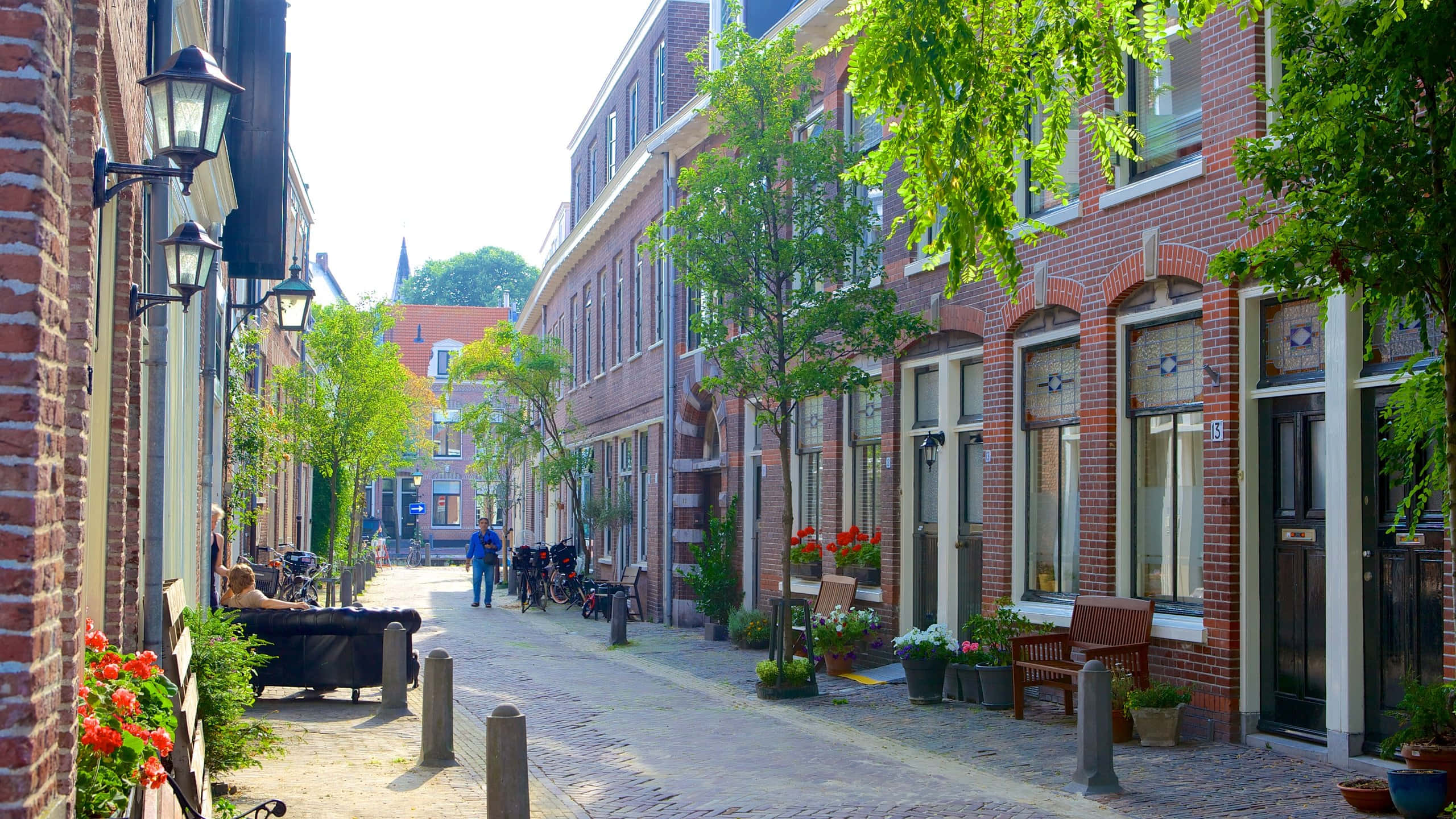 Haarlem, cobblestone street, red brick townhouses, 2K Desktop Wallpaper