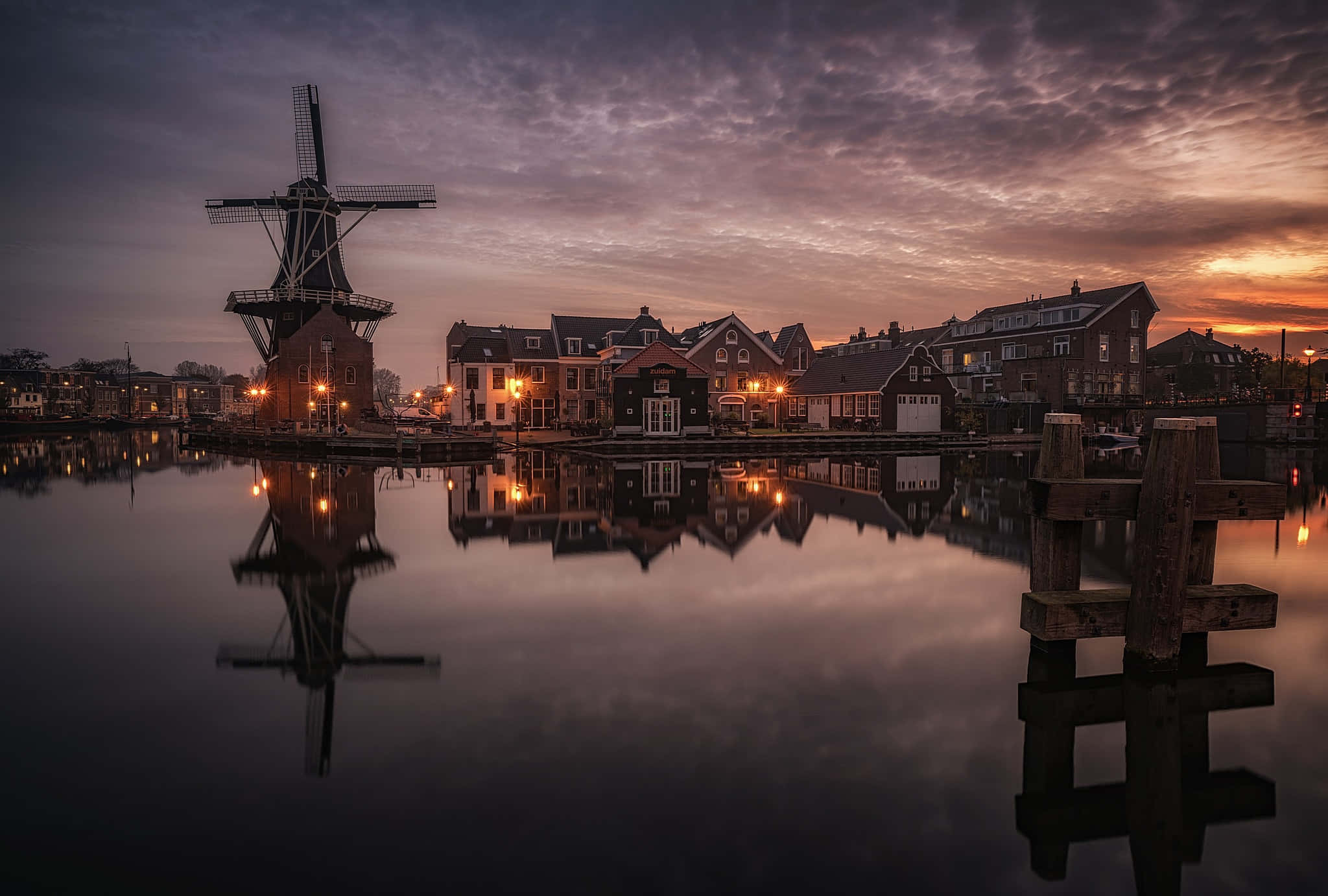Haarlem, windmill, sunset, Full HD Desktop Wallpaper