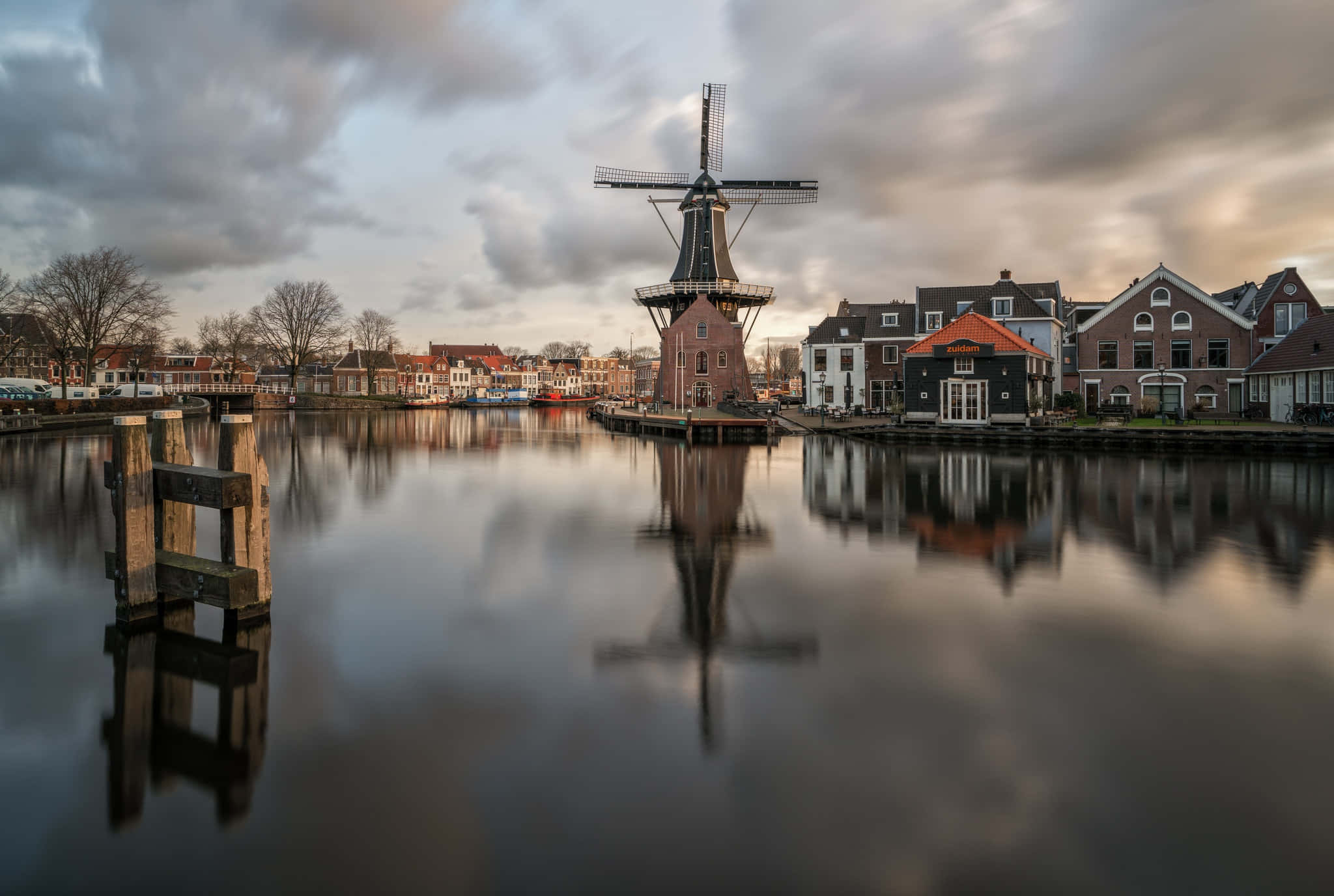 Haarlem, windmill, canal, Full HD Desktop Wallpaper