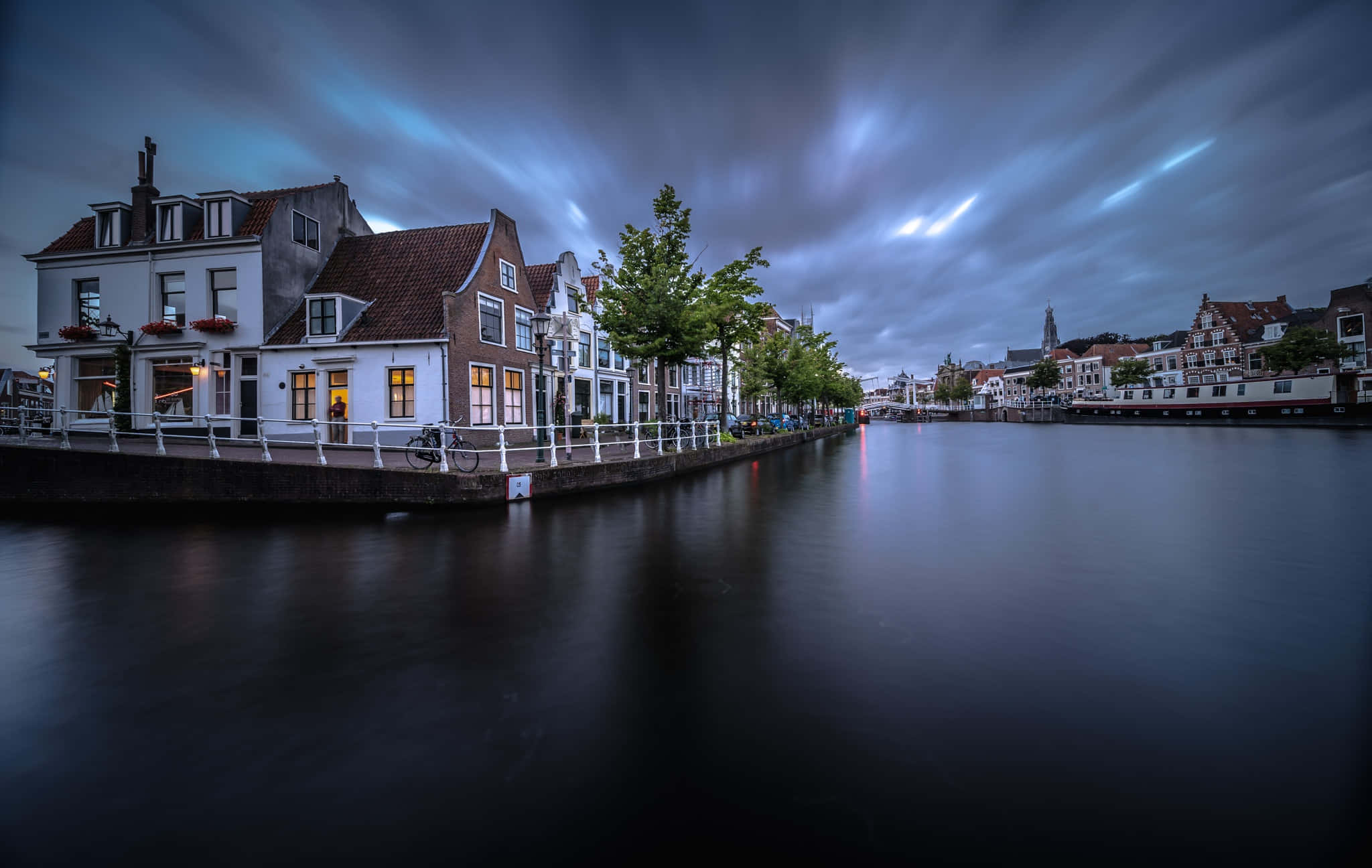 Haarlem, riverfront, dusk, Full HD Desktop Wallpaper