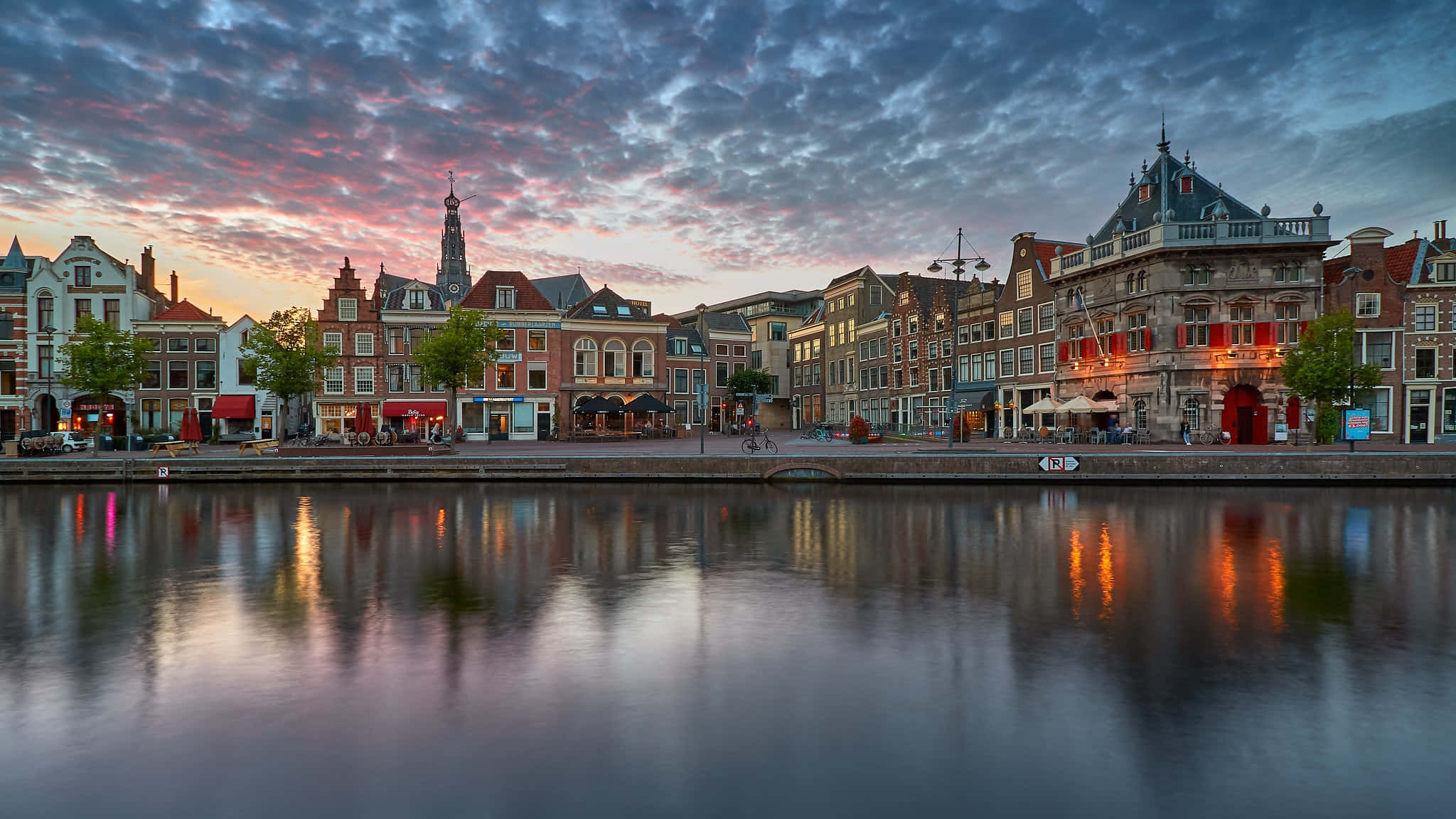 Haarlem, riverfront, sunset, Full HD Desktop Wallpaper