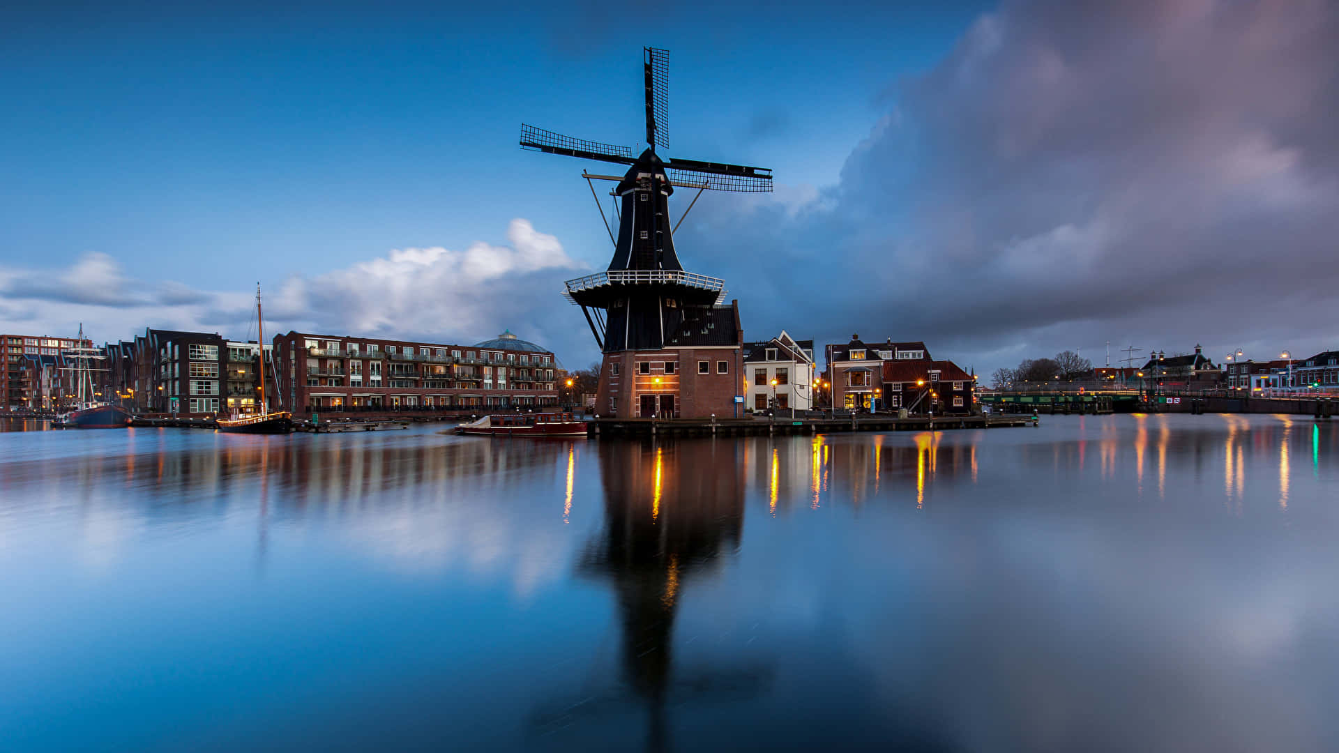 Haarlem, windmill, twilight, Full HD Desktop Wallpaper