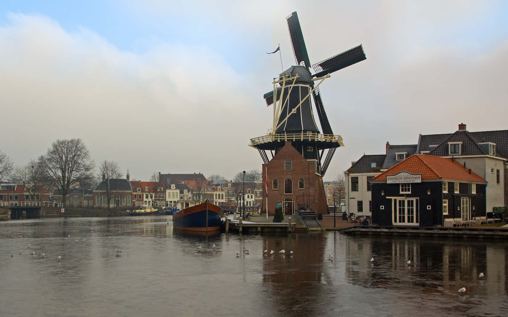 Haarlem, windmill, frozen river, HD Desktop Wallpaper