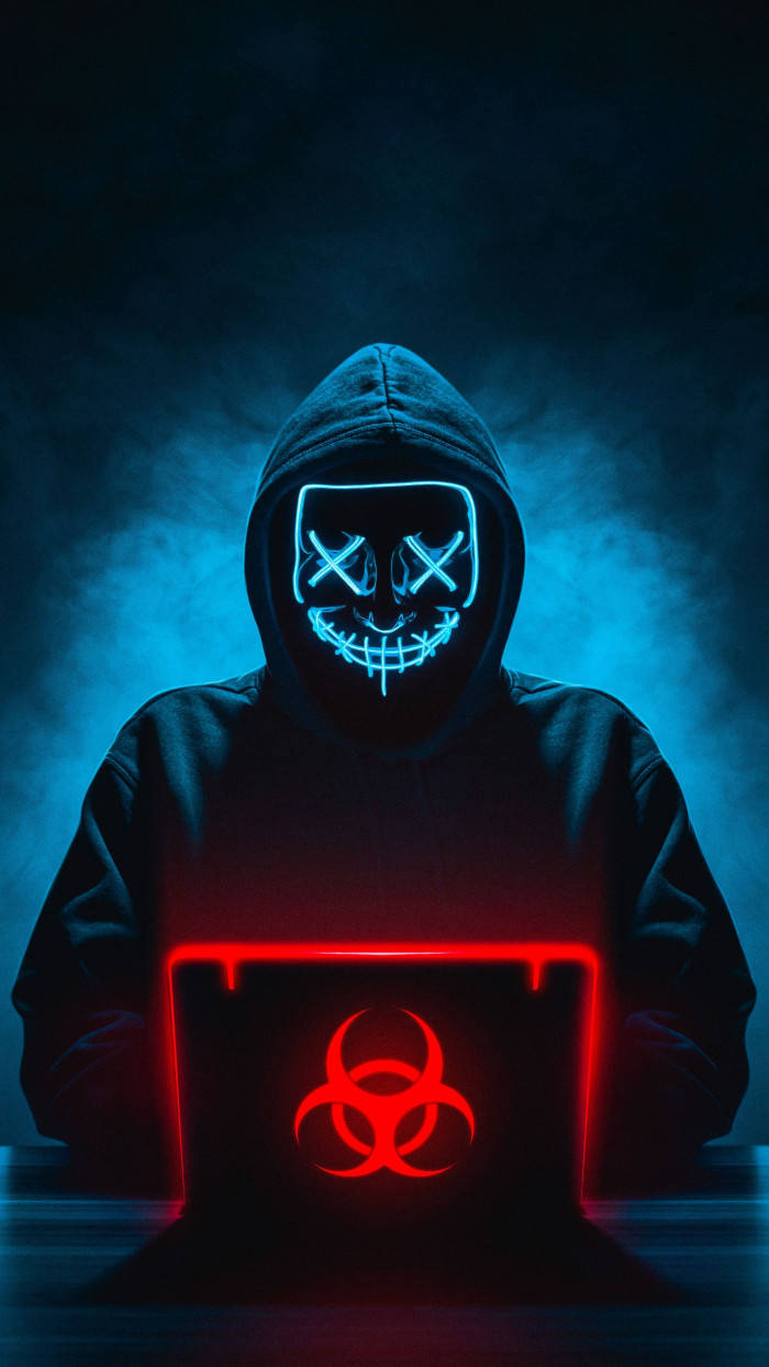 hacker, red light up laptop, glowing blue skull mask, SD Phone Wallpaper