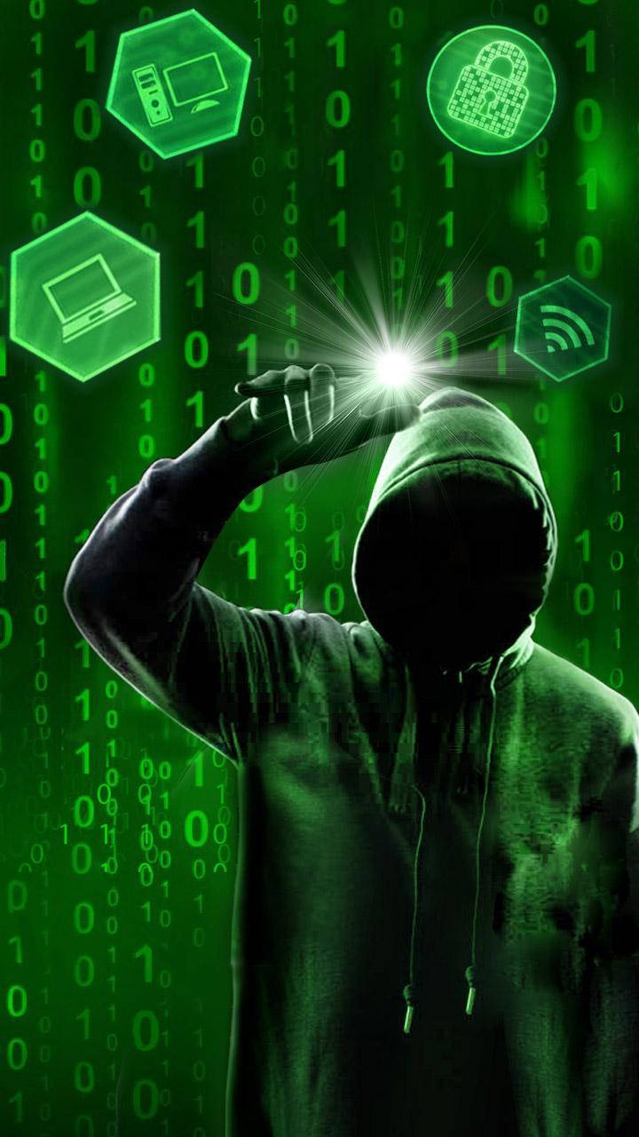 Hacker, light stick, glowing green digital icons, HD Phone Wallpaper