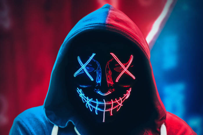 Hacker 3D, glowing mask, blue and red neon X eyes, SD Desktop Wallpaper
