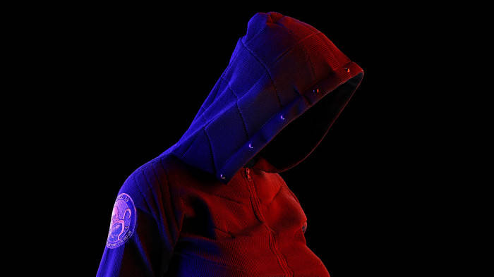 hacker, black jacket, red and blue lights, SD Desktop Wallpaper