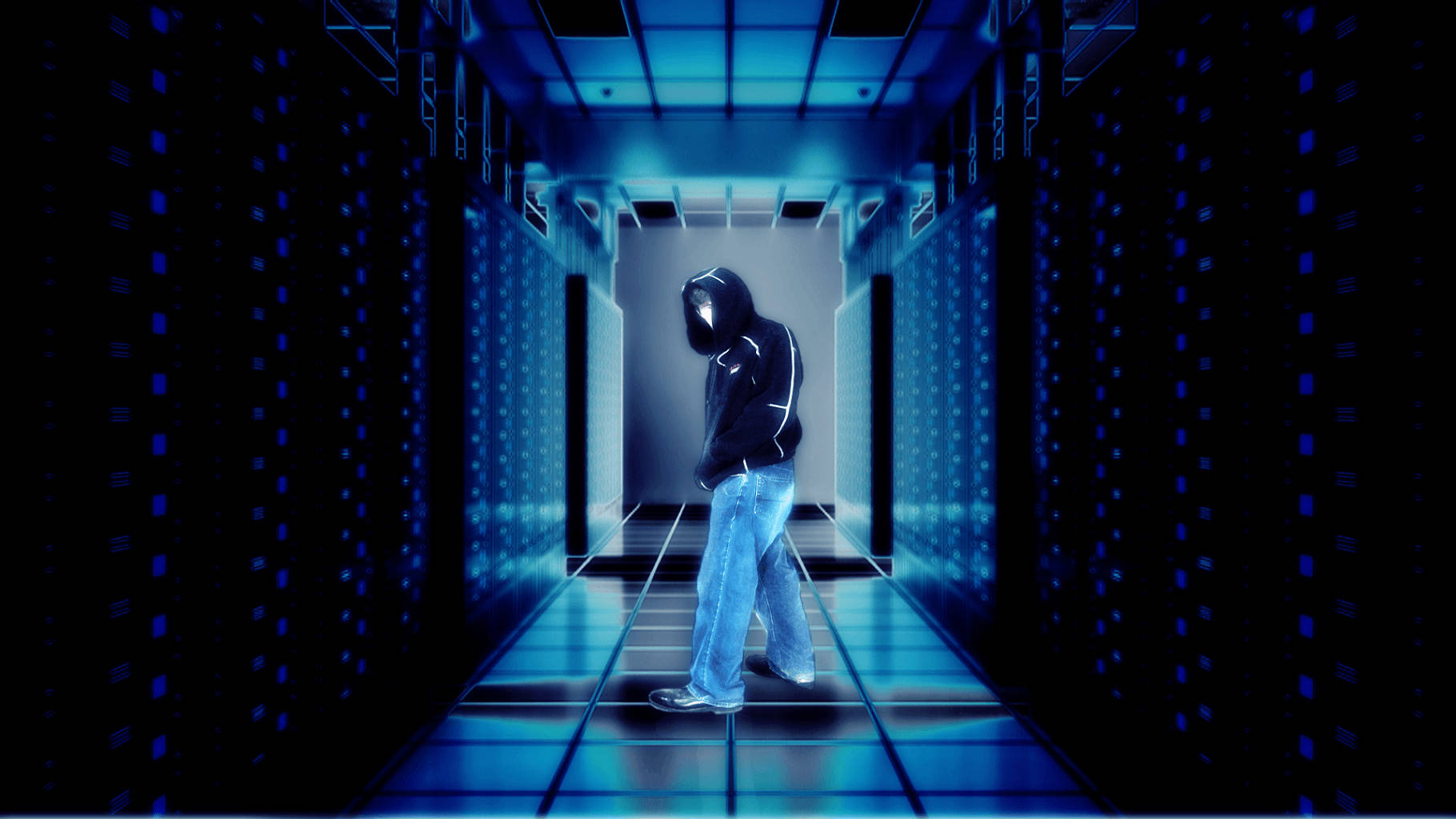 blue hacker, glowing blue server room, towering data racks, HD Desktop Wallpaper