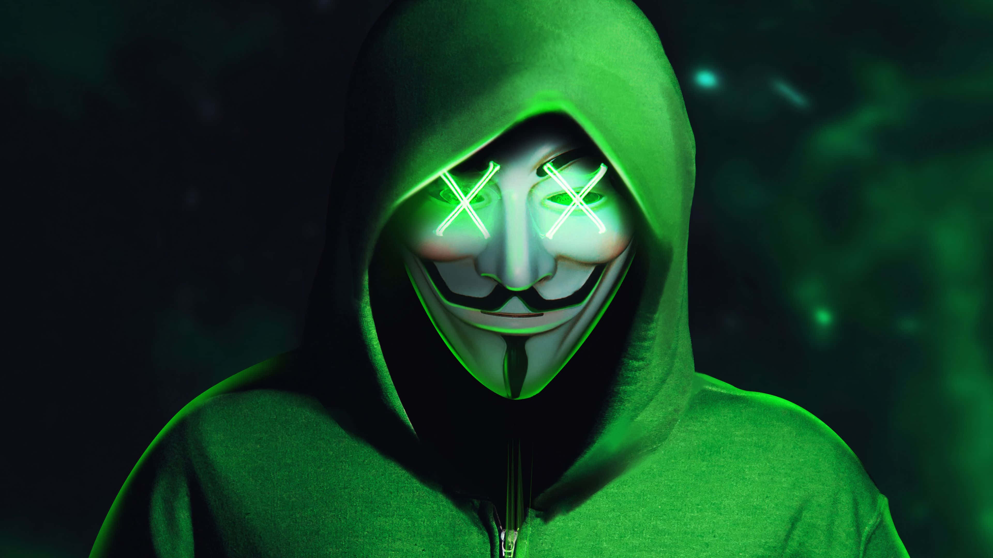 green hoodie, glowing white mask, X eyes, 4K Desktop Wallpaper