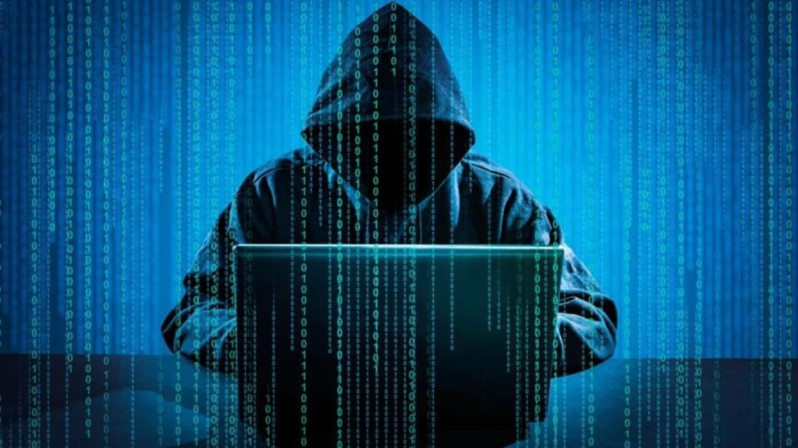hooded figure, glowing laptop, green binary code, HD Desktop Wallpaper