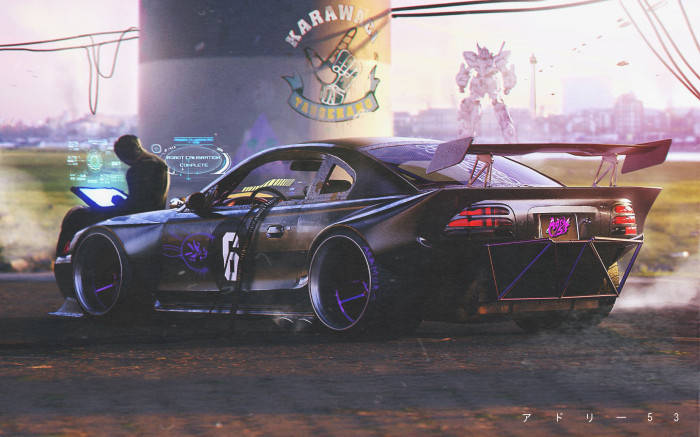 hacker, black modified sports car, glowing purple accents, SD Desktop Wallpaper