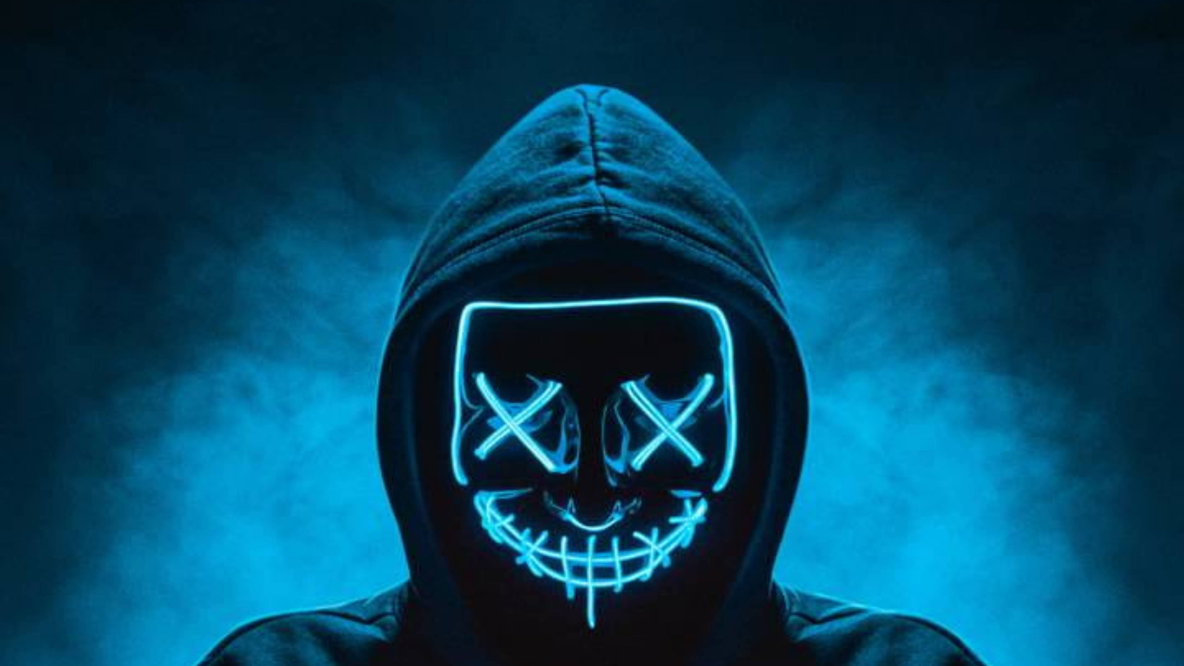 neon mask, hoodie hacker, glowing blue LED mask, 4K Desktop Wallpaper