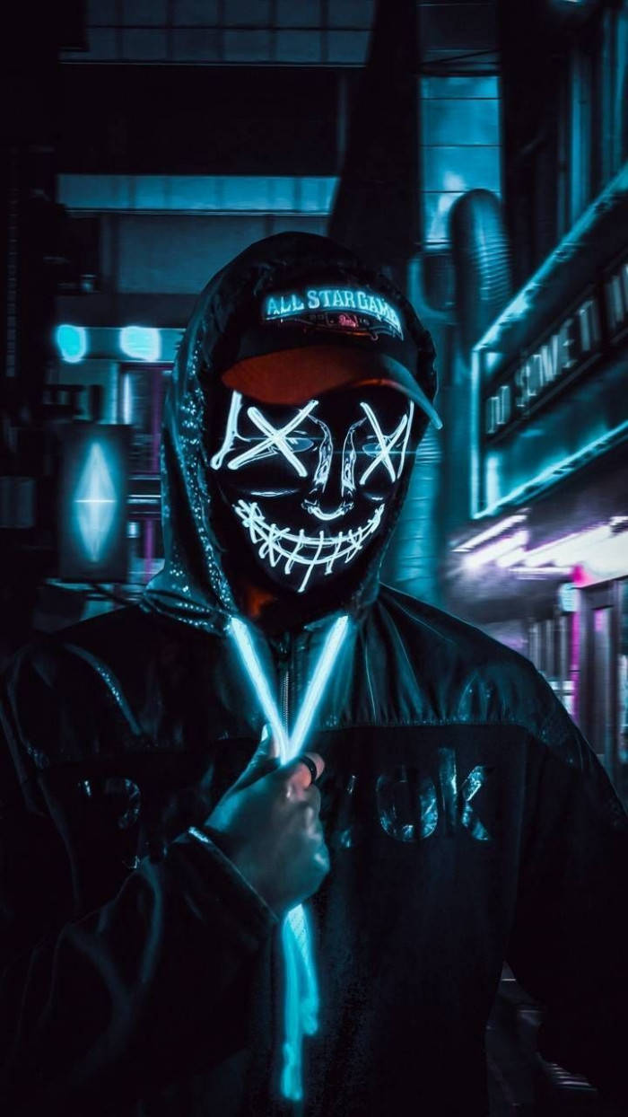 neon masked man, hoodie, glowing sticks, SD Phone Wallpaper