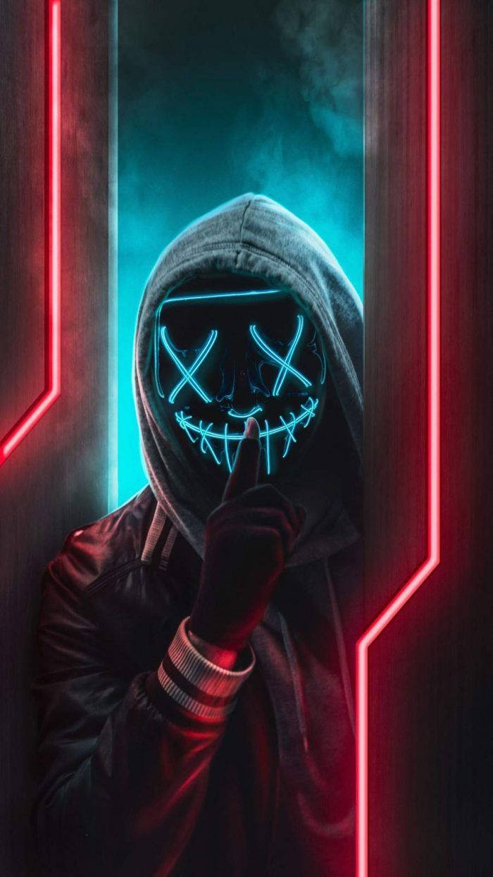 hooded figure, glowing blue mask, X eyes, SD Phone Wallpaper