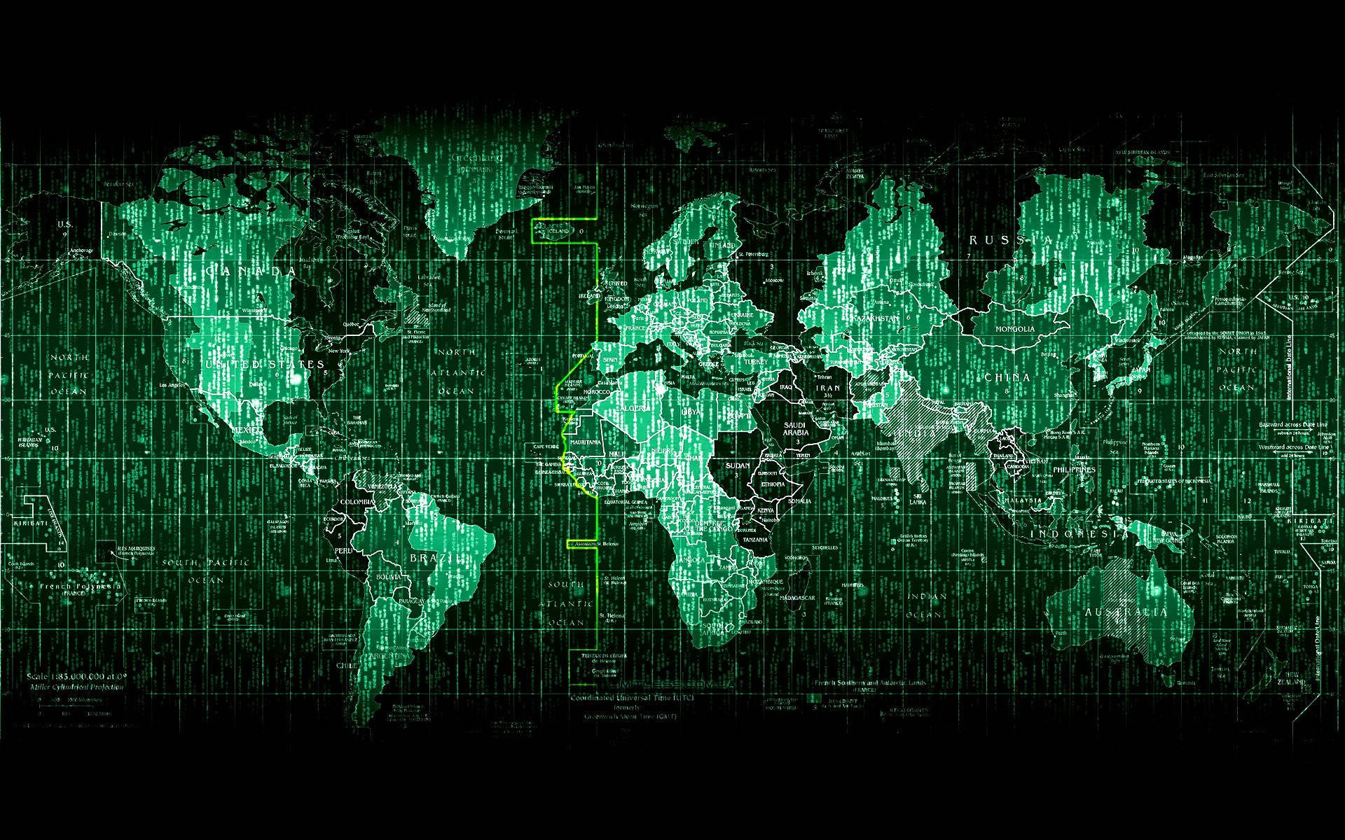 glowing green, digital world map, cascading code overlays, Full HD Desktop Wallpaper