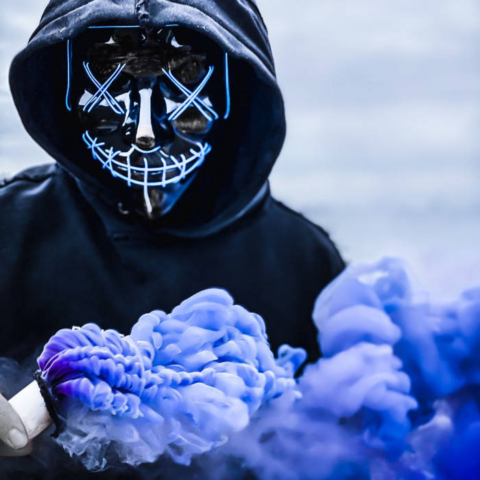 hacker, purple smoke, glowing blue skull mask, SD Desktop Wallpaper