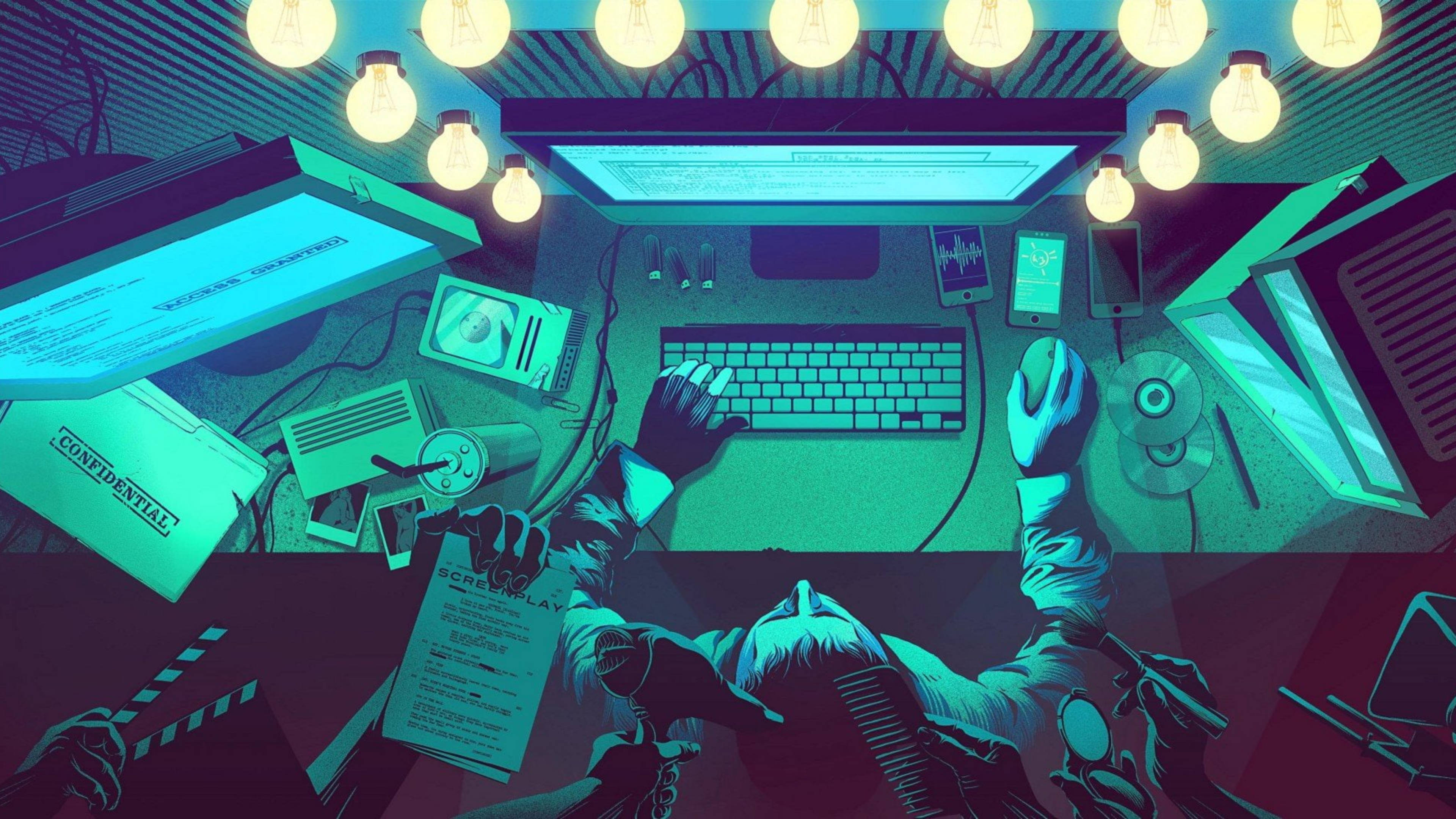 neon teal, hanging bulbs, glowing screens, 4K Desktop Wallpaper