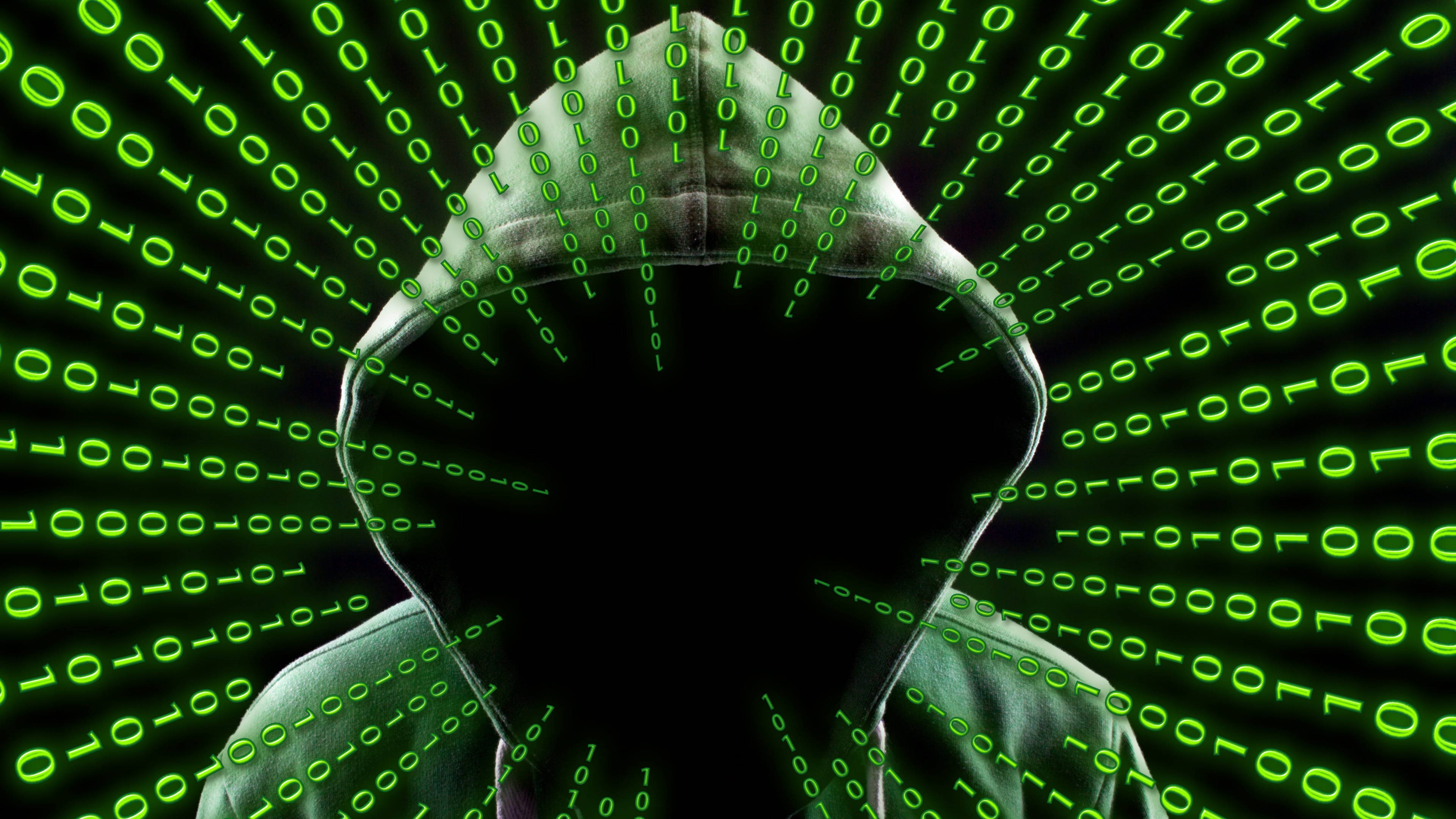 faceless person, binary codes, glowing green binary code, 4K Desktop Wallpaper