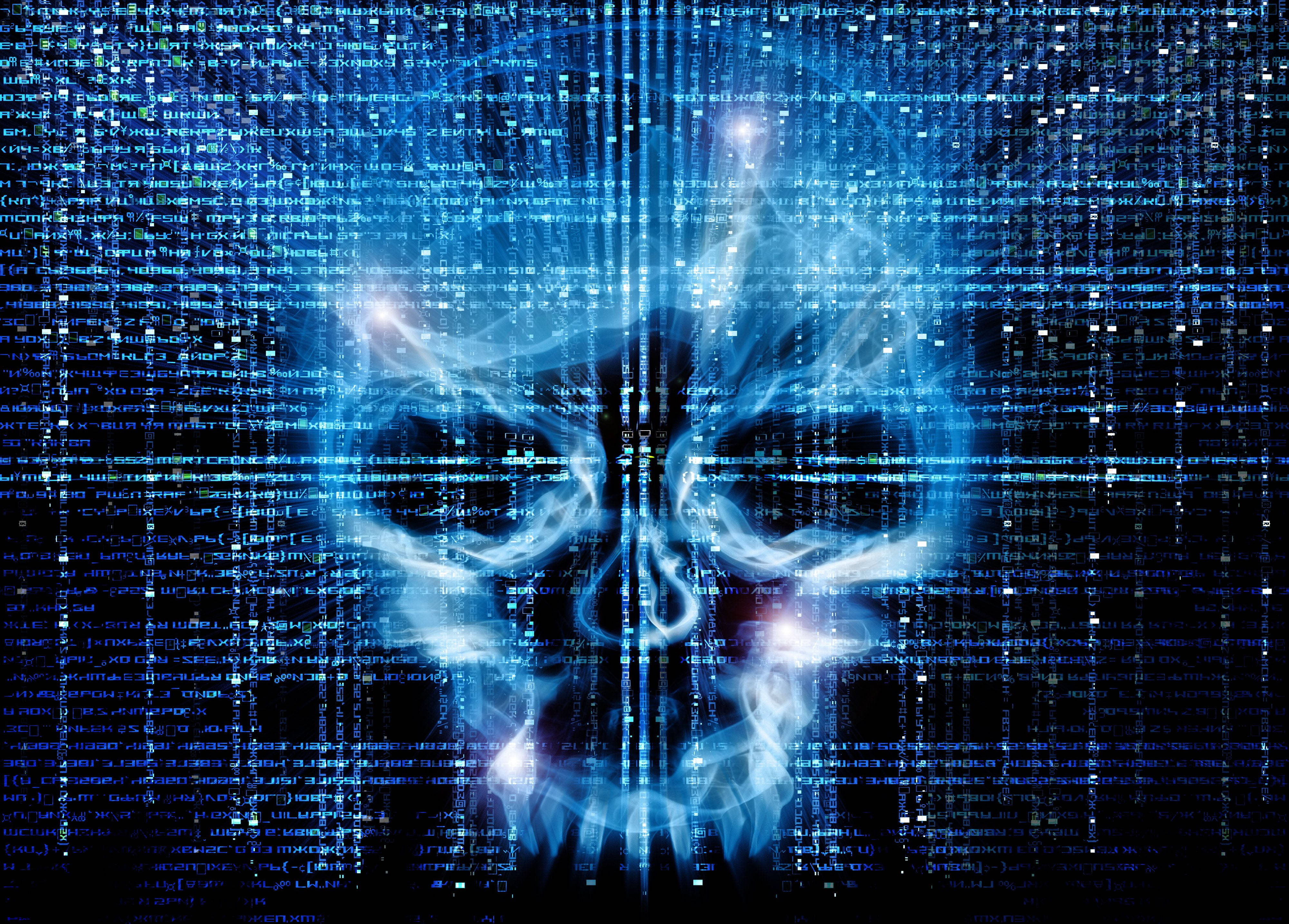 glowing blue digital skull, cascading binary code, dark background, 4K Desktop Wallpaper