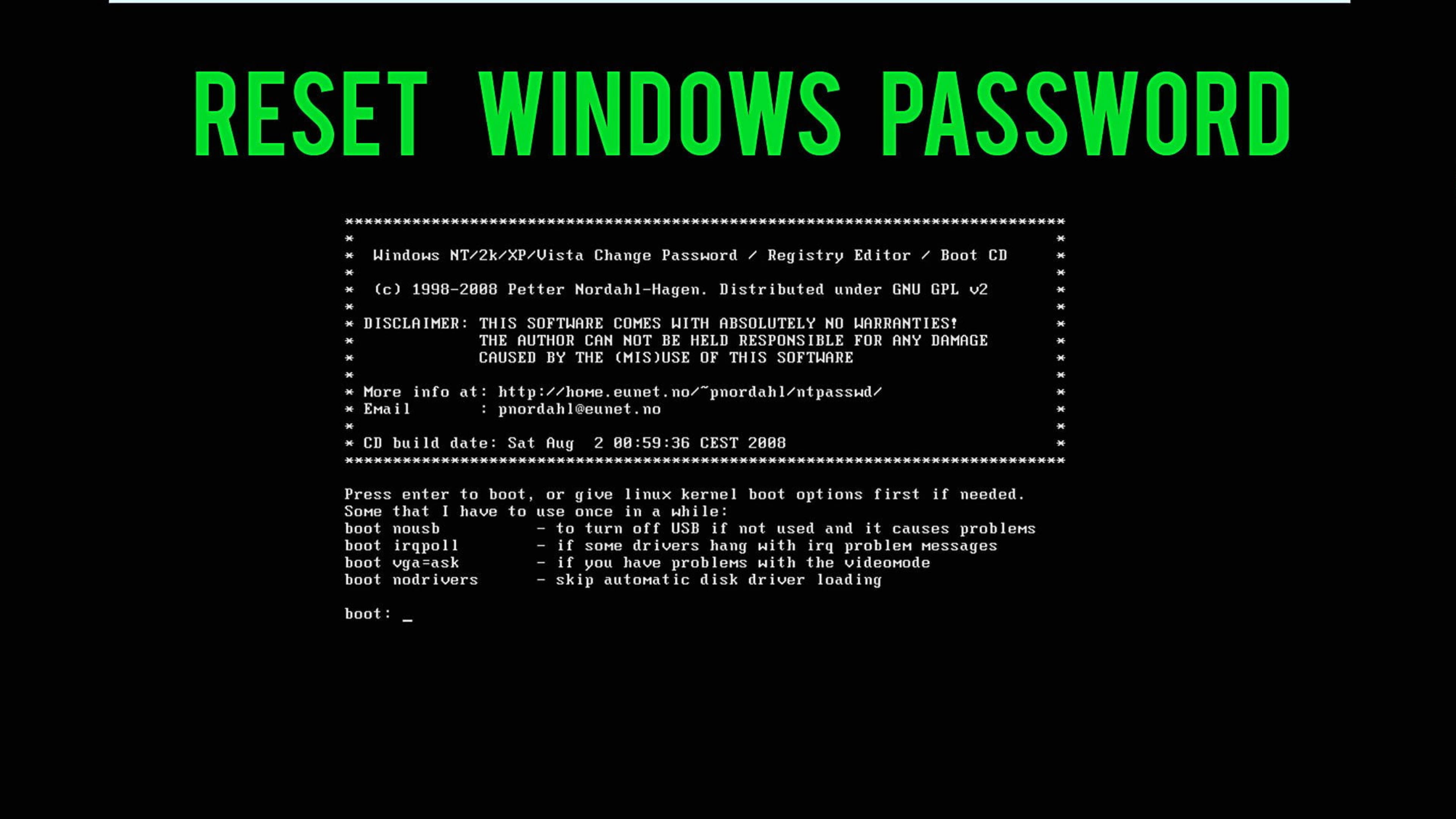 Linux boot CD, Windows password, green text terminal screen, 4K Desktop Wallpaper