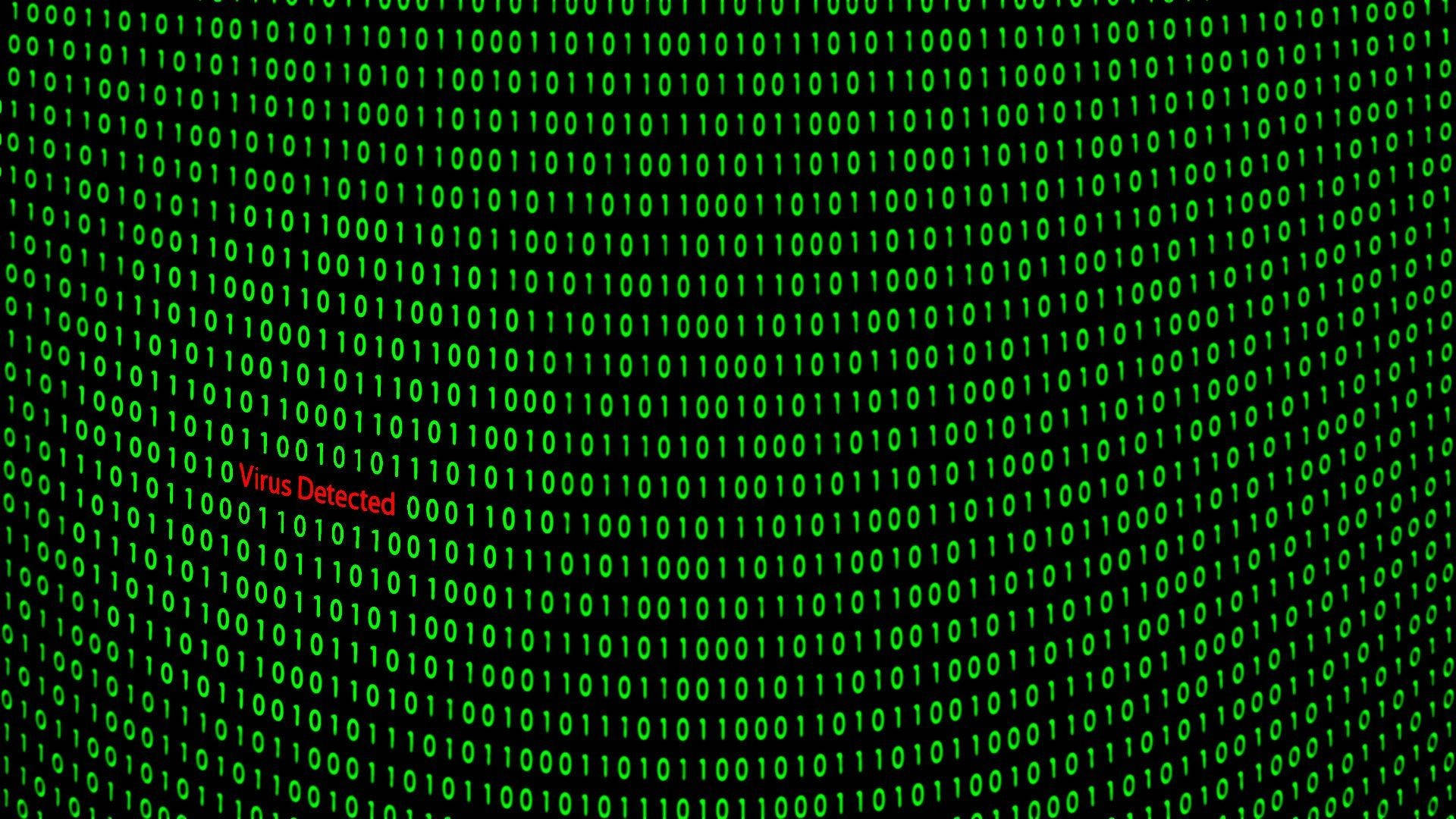 green binary codes, black screen, red 'Virus Detected' alert, Full HD Desktop Wallpaper