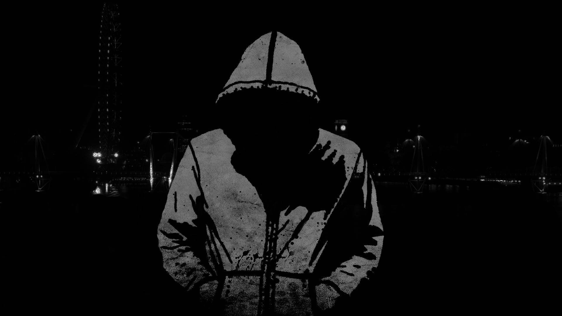 hacker, hooded man, dark cityscape, Full HD Desktop Wallpaper